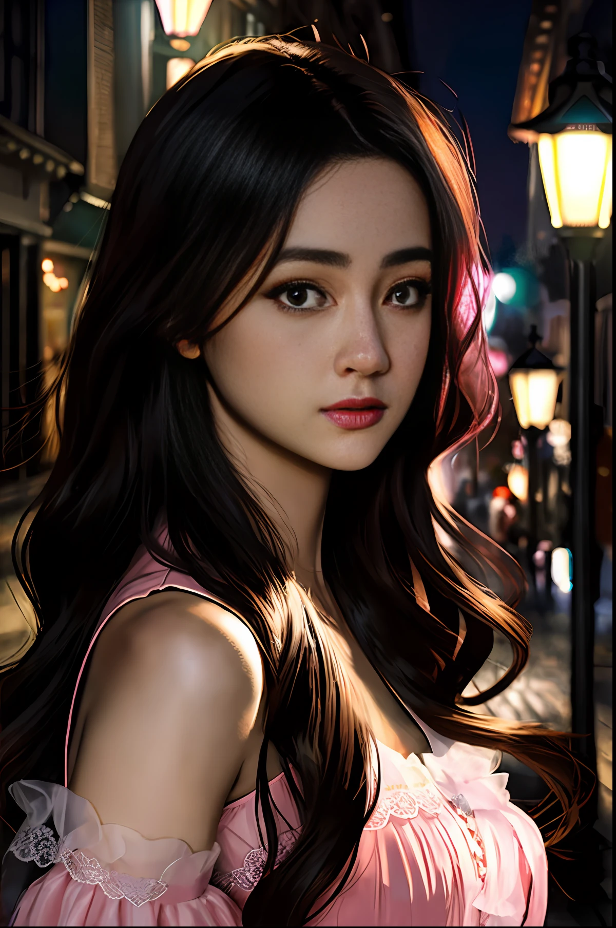 (front focus), (in the dark:1.6), Hyperrealist portrait of female by david hockney and alphonse mucha, dim street,fantasy art, photo realistic, dynamic lighting, artstation, poster, volumetric lighting, very detailed faces, 4 k, award winning, 1girl, in the dark, deep shadow, low key, cowboy shot, (official clothing:1.4),looking at camera, halfbody shot,(((realistic face))),street lamps,moon,pink lace gown,