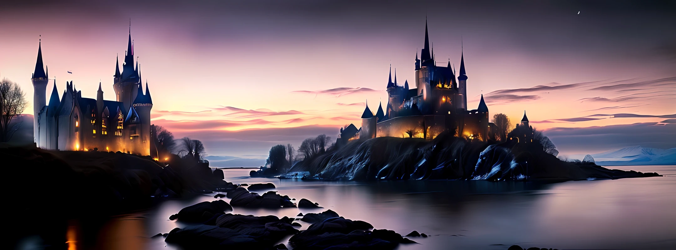 An ancient castle appears especially mysterious and magnificent under the night lights. This is a photo full of historical and artistic sense, with deep colors and rich details. The camera used is a Canon EOS 5D Mark IV DSLR, with an EF 24-105mm f/4L IS II USM lens, a resolution of 30.4 megapixels, ISO sensitivity: 32,000, and a shutter speed of 1/8000 second. The lighting in this photo comes from the castle lights and moonlight, with colors predominantly in black and gold. In terms of composition, the castle and the night sky create a strong contrast. --ar 16:9 --v 5.1 --style raw --q 2 --s 750