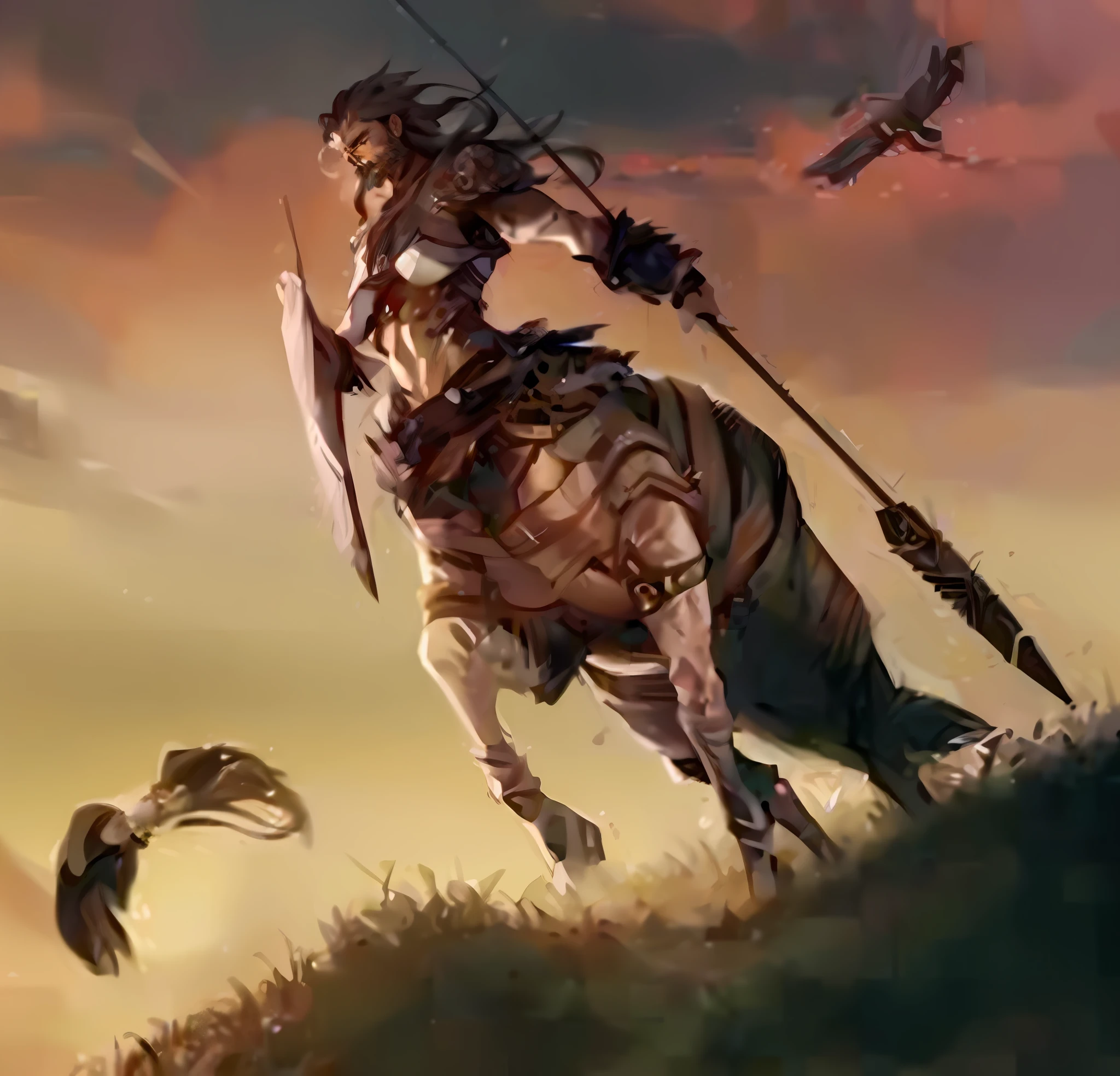 (an extremely realistic masterpiece), best quality, ultra-detailed, male character, skinny build, depicts an (old and worn individual, with distinctive grey long hair and beard), dressed in a set of rusty and damaged armor, ((no shield)), with a (deeply melancholic expression).