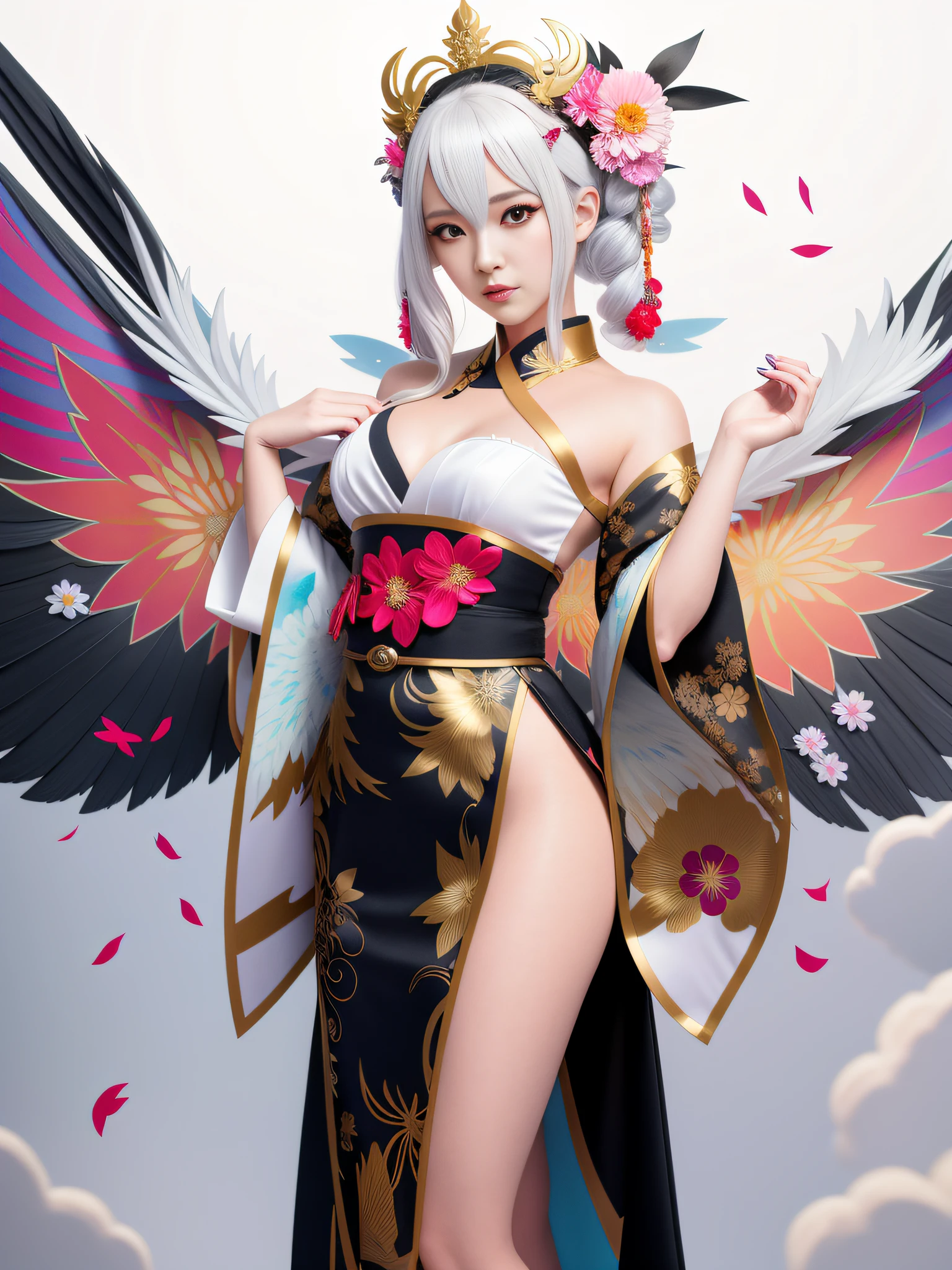 anime - style woman in a kimono outfit with wings and a flower crown, anime goddess, white haired deity, extremely detailed artgerm, guweiz on pixiv artstation, onmyoji detailed art, by Yang J, guweiz on artstation pixiv, onmyoji, rossdraws sakimimichan, ! dream artgerm