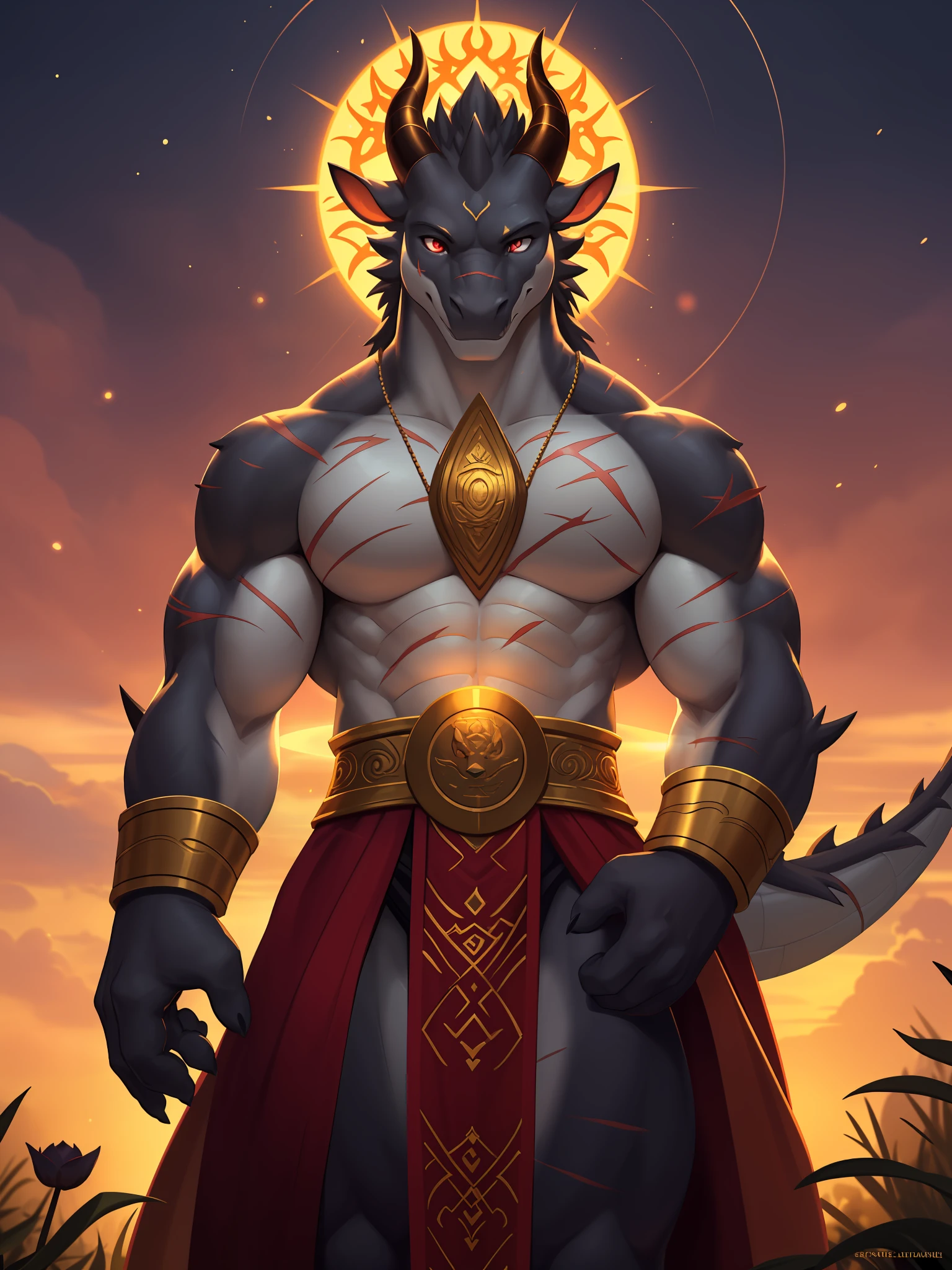 Male dragon monk in garden, white skin, red eyes, scars, black horns, realistic hand dream background, lotus flower position, put one's palm together, Sanskrit golden wheel behind it, flying golden Sanskrit, kindness, divinity, divine light, holy light, boundless light, magnificent sunset background, octane rendering, gorgeous facial features, beautiful and detailed eyes, complex fur, detailed face, perfect skin texture, extreme details, full body view, movie lighting, professional lighting, centering, Look at the camera, 8k, shot with Hasselblad X1D-50, maximum focal length, depth of field, perfect illumination, light particles, (best quality), (masterpiece), (hyper detail), sharp focus, light particles