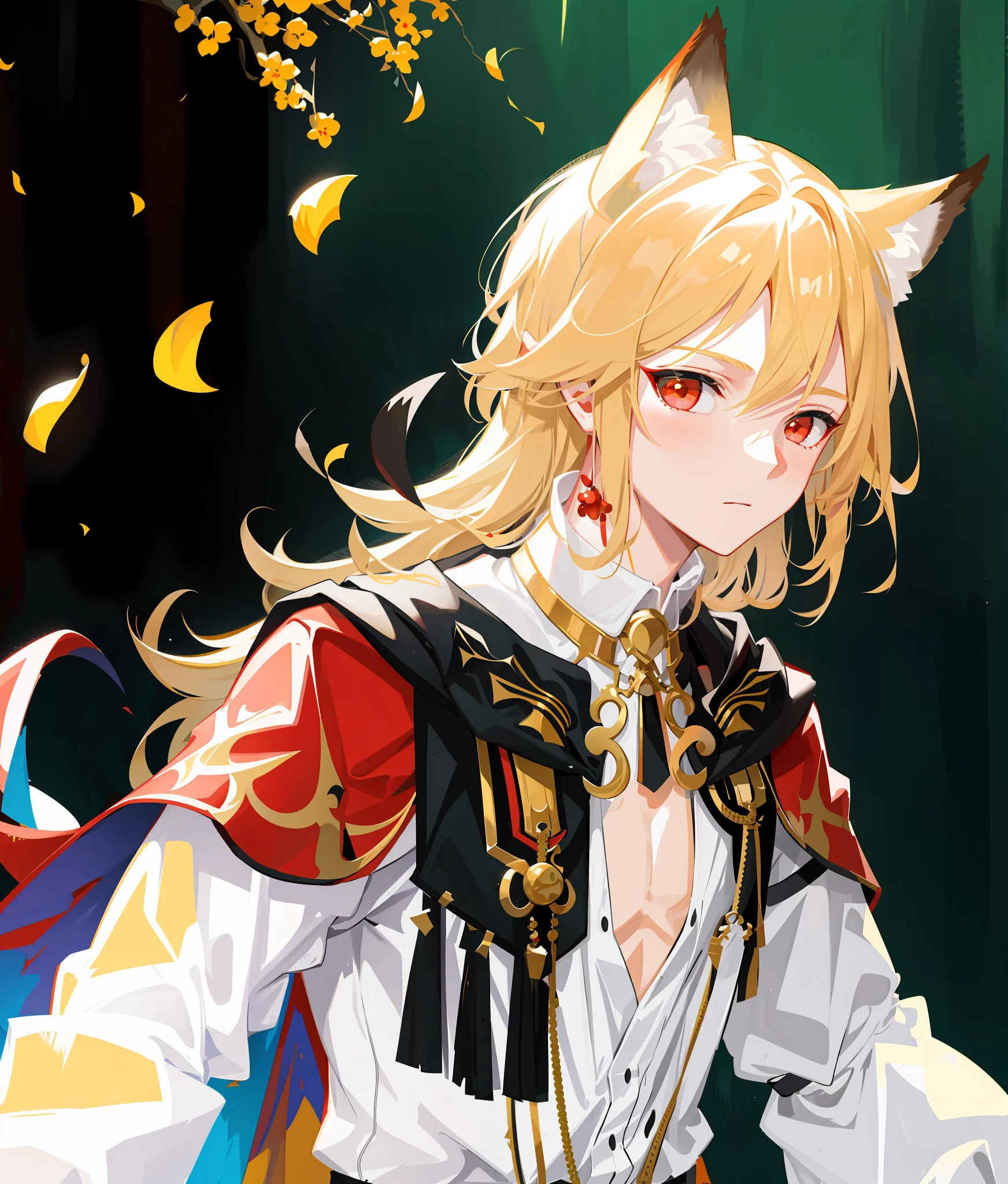 best quality, masterpiece, highres, 1boy,male,solo, mature male, blond hair, red eyes, yellow fox ears, animal ears, big fluffy blond fox ears
