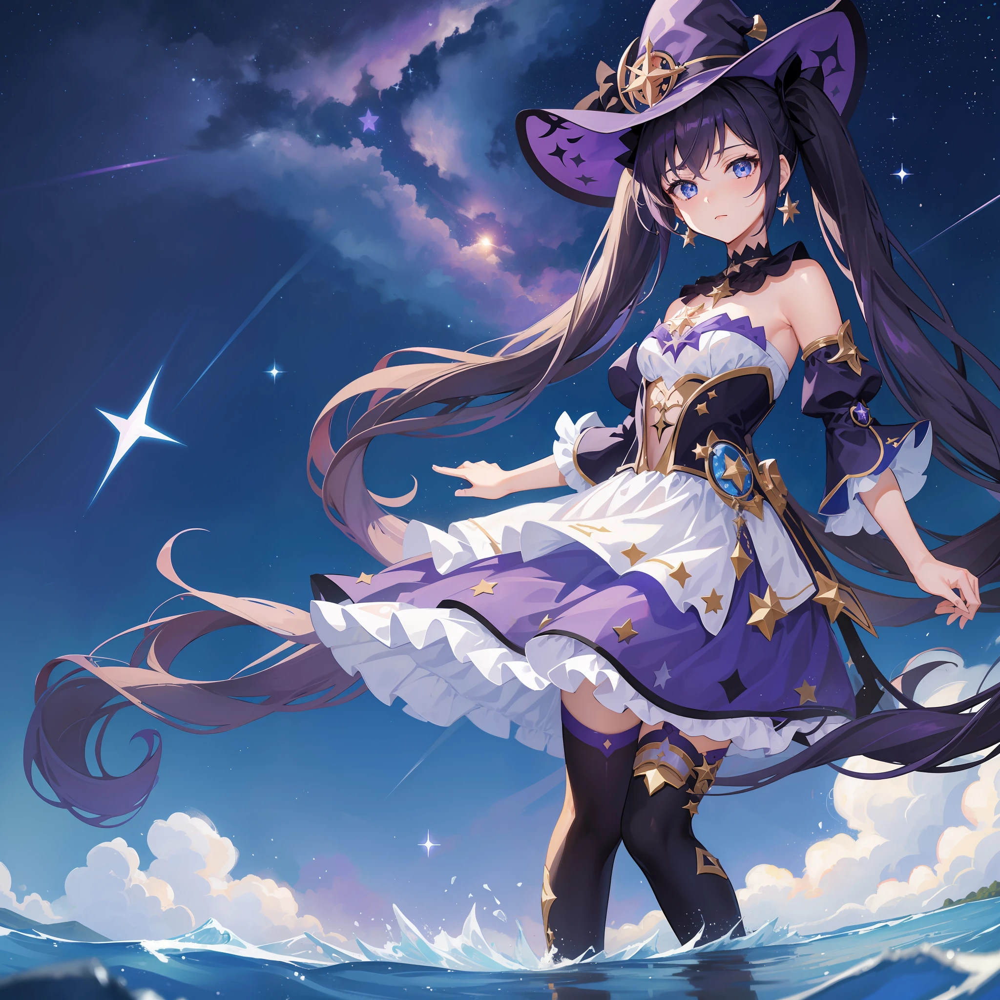 1girl, solo, 1girl, Mona \(Genshin Impact\), maid, choker, hair between eyes, star \(symbol\), hat, long hair, skirt, dark purple hair, looking at the viewer, twintails, blue eyes, shining eyes, earrings, jewelry, purple skirt, black stockings, white shirt, witch, bangs, black shoes, landscape, night sky, star \(sky\), starry sky, night, outdoor, clouds, reflection, water, magic, tarot