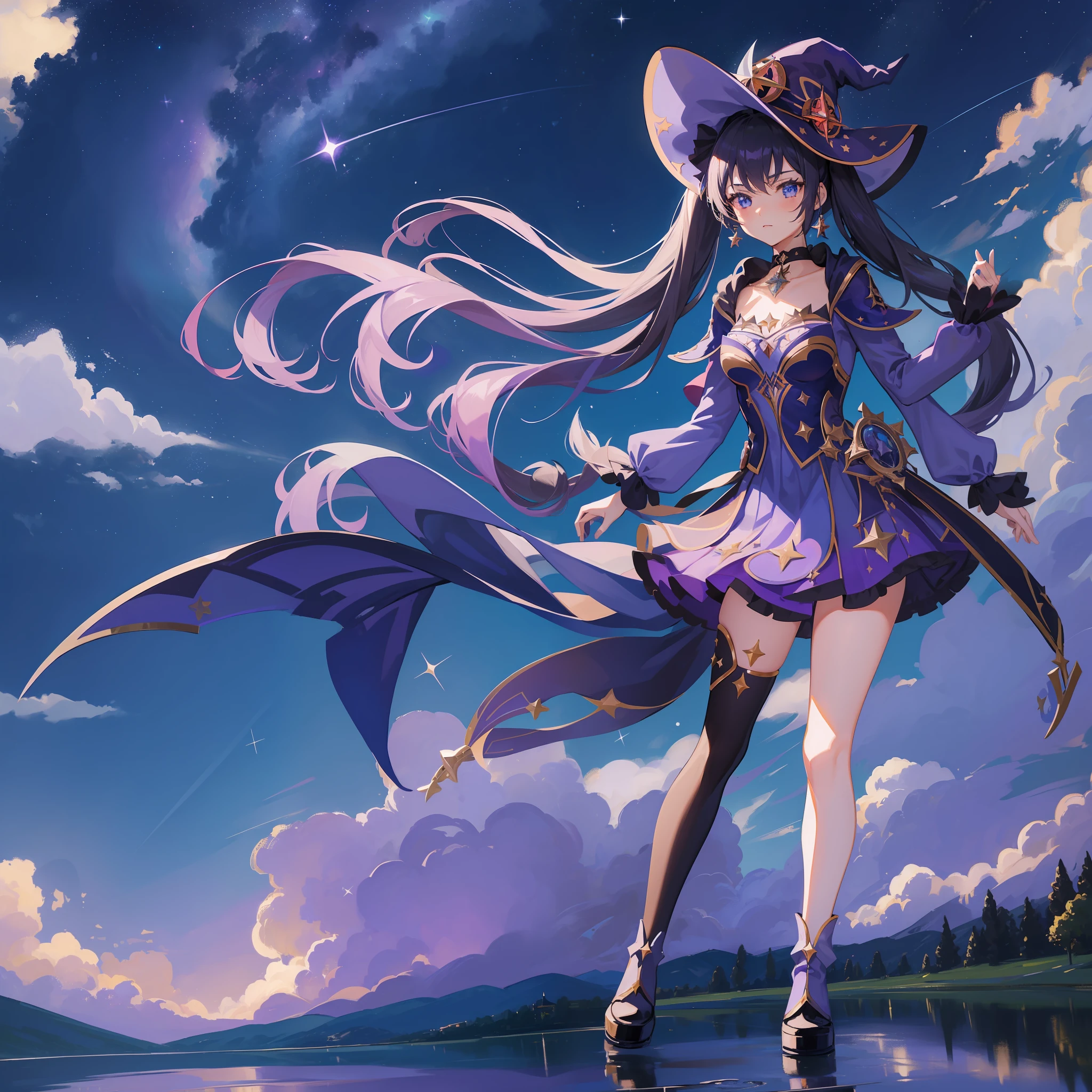 1girl, solo, 1girl, Mona \(Genshin Impact\), maid, choker, hair between eyes, star \(symbol\), hat, long hair, skirt, dark purple hair, looking at the viewer, twintails, blue eyes, shining eyes, earrings, jewelry, purple skirt, black stockings, white shirt, witch, bangs, black shoes, landscape, night sky, star \(sky\), starry sky, night, outdoor, clouds, reflection, water, magic, tarot
