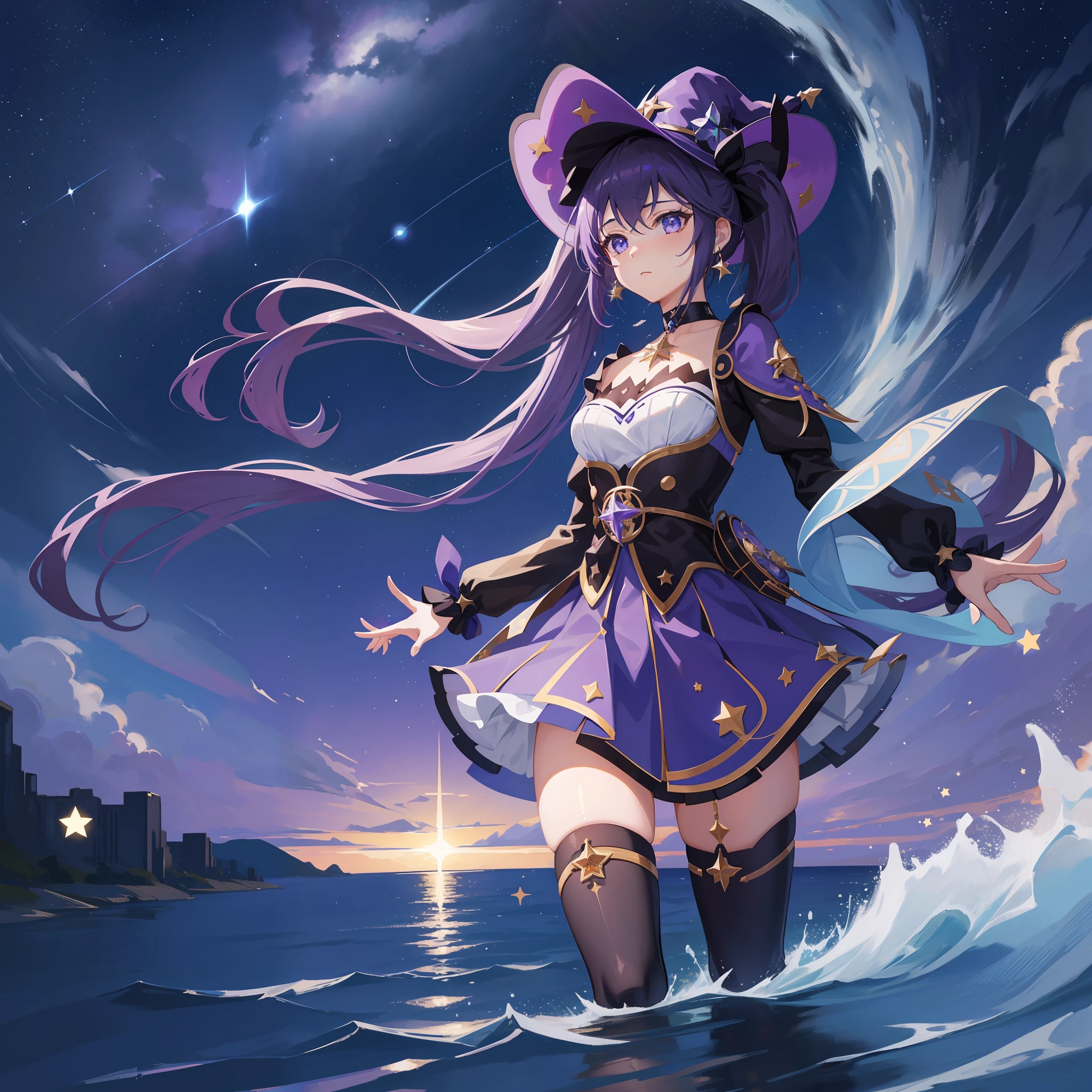 1girl, solo, 1girl, Mona \(Genshin Impact\), maid, choker, hair between eyes, star \(symbol\), hat, long hair, skirt, dark purple hair, looking at the viewer, twintails, blue eyes, shining eyes, earrings, jewelry, purple skirt, black stockings, white shirt, witch, bangs, black shoes, landscape, night sky, star \(sky\), starry sky, night, outdoor, clouds, reflection, water, magic, tarot