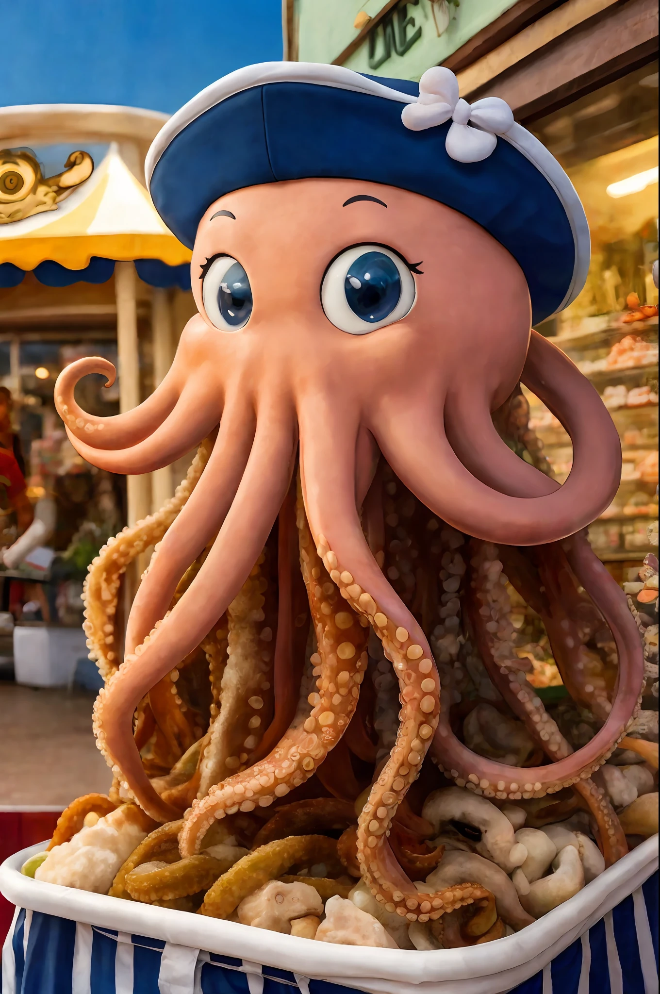 An octopus, with a sailor's hat on his head, realistic, Disney-style, scenery in front of a pet store