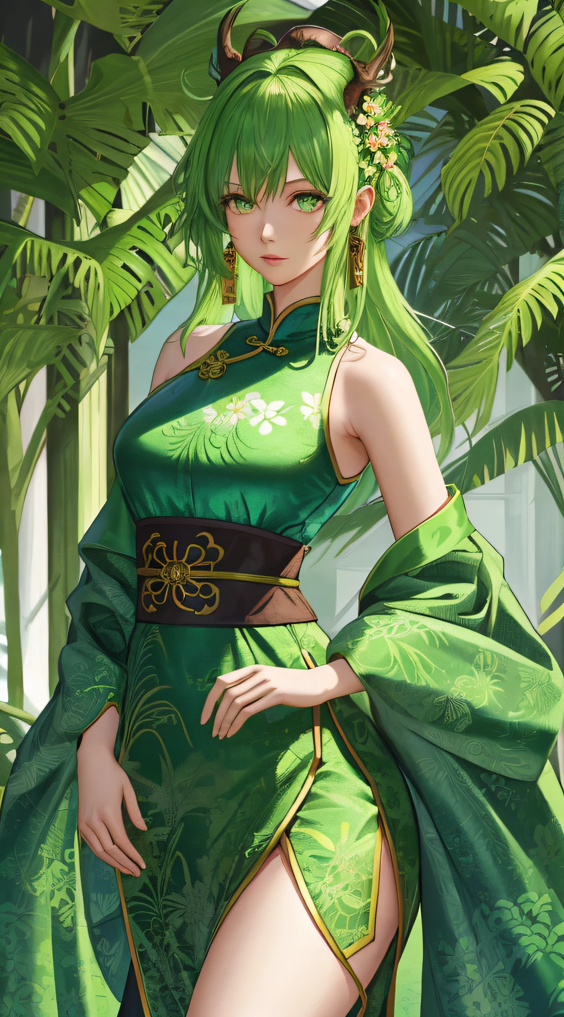 anime, 1girl, solo, large beasts, green chinese dress, detailed pattern, detailed clothing, bare shoulder, thighs, green hair, shining eyes, eyes shadow, lip, plants, cowboy shot, perfact female figure, standing, detailed background, plants