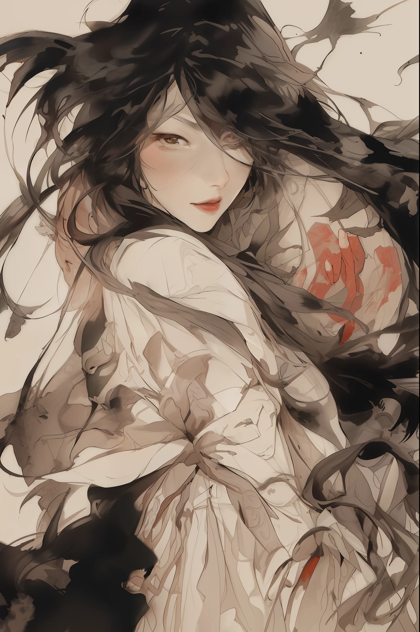 Black-haired god, white mask woman, red wedding dress, crying, close-up figure painting, gorgeous Guwiz style art, breathtaking epic character painting, Fan Qi, Yang J, Wu Zhun Shifan, etc., wonderful artistic journey on Guwiz Pixiv.
