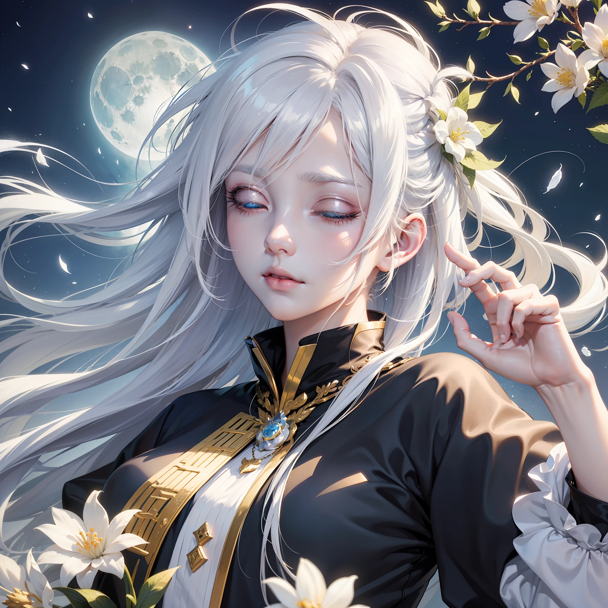 Anime girl with white hair and blue eyes and yellow moon, white hair deity, white hair translucent, white hair floating in the air, popular on cgstation, flowing white hair, long white hair, closed eyes, closed moon shame flower, no characters, eyelashes have highlights, eyes closed