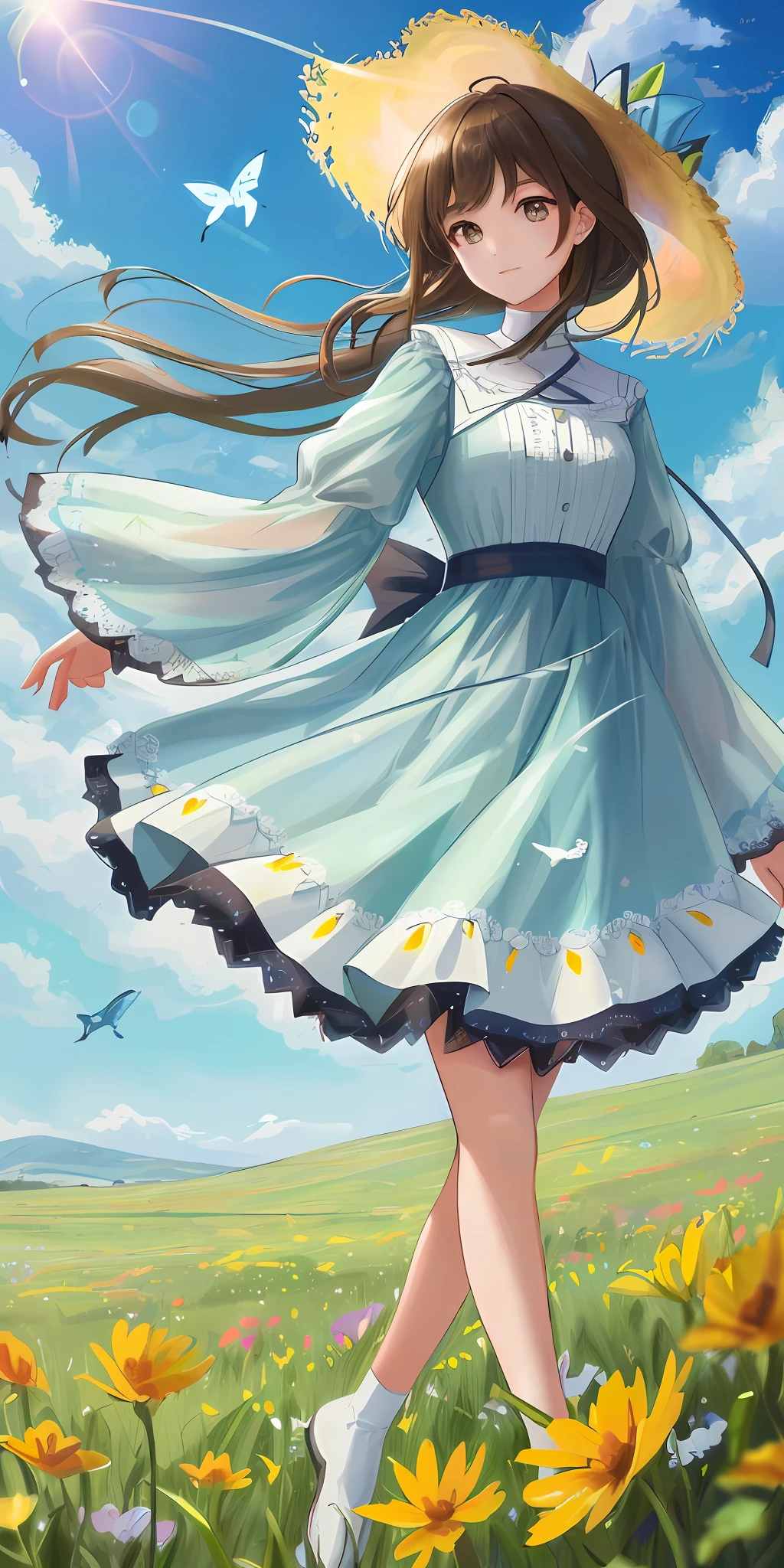 Highly detailed, ultra detailed, ultra high resolution girl enjoying her time in an open field, surrounded by the beauty of nature, with the warm sun shining on her and wild flowers swaying gently in the breeze. Butterflies and birds flutter around her, adding to the playful atmosphere, --v6