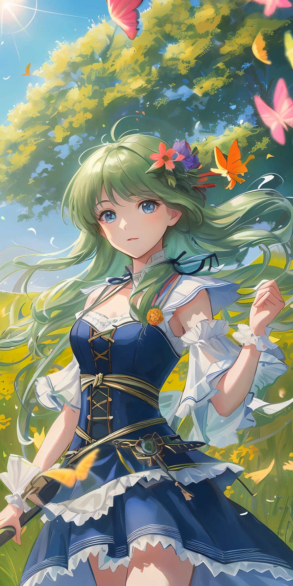 Highly detailed, ultra detailed, ultra high resolution girl enjoying her time in an open field, surrounded by the beauty of nature, with the warm sun shining on her and wild flowers swaying gently in the breeze. Butterflies and birds flutter around her, adding to the playful atmosphere, --v6