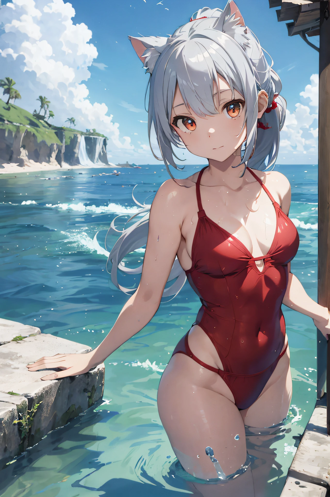 Beautiful, Masterpiece, Best Quality, Hiqcgbody, Anime, 1girl, Medium, Bikini, Red Swimsuit, Portrait Shots, View Viewer, Partially Submerged,Southern,Seaside, ((Silver Hair)),(Cat Ears),Ponytail,Wet Skin, Intricate Details,>,(((Covered)