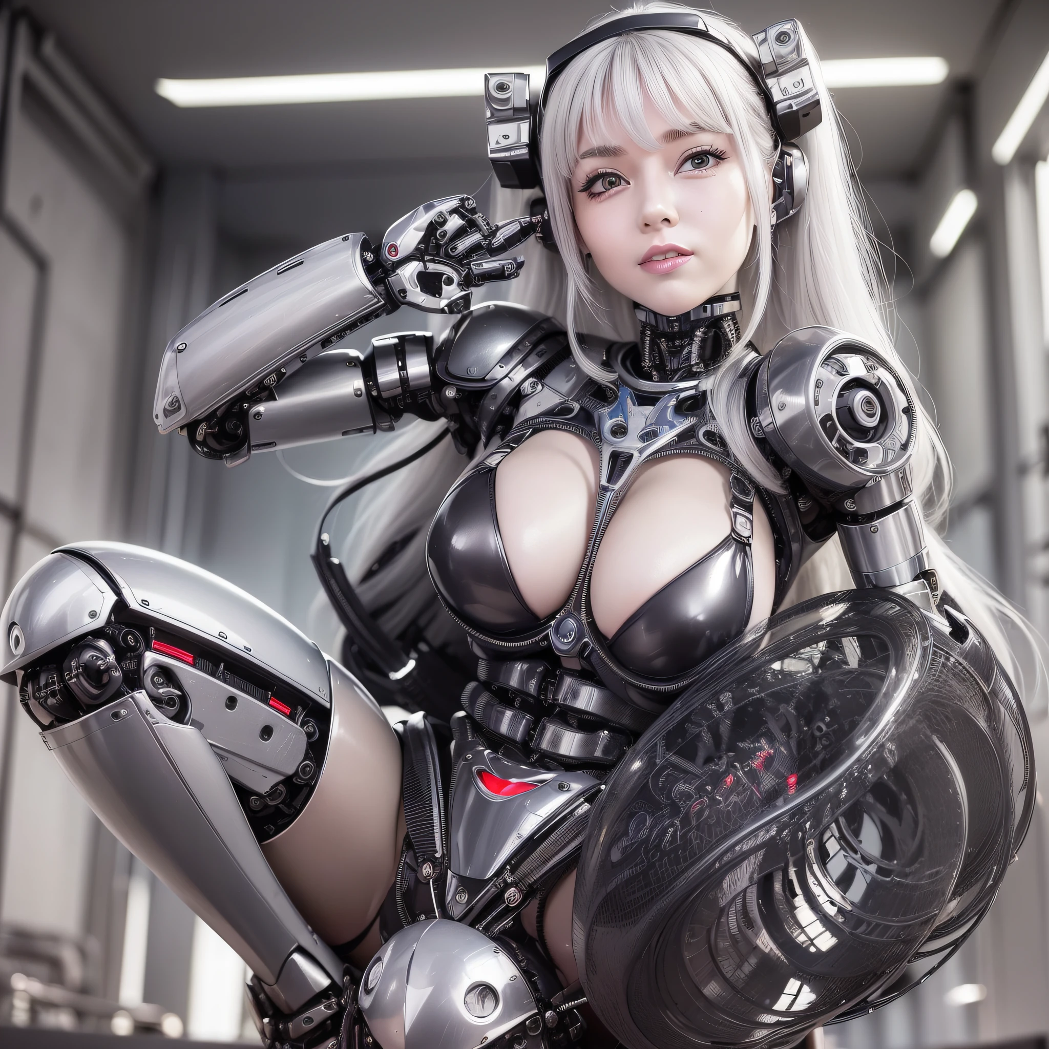 Beautiful Face,1 Woman, Curvaceous, Top Quality, Masterpiece, Ultra Detailed, ((((Bikini Cyborg Robot Parts)))), (Light Grey Hair), Long Hair, Wavy Hair, Twin Tails, Medium Shot, (((Seductive Smile)), (Black Eyes), Princess Cut, (Cowboy Shot),Squatting,Spread Your Legs,HR Giger,