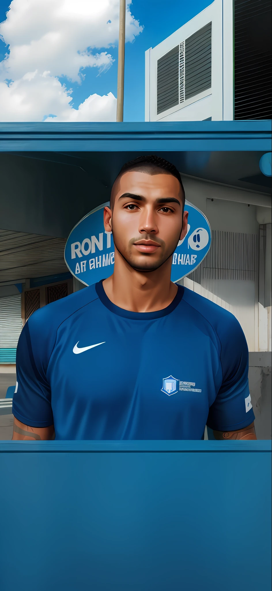 arafed man in a blue shirt standing in front of a sign, caio santos, ronaldo nazario fenomeno, perez fabian, icaro carvalho, carmelo blandino, freddy mamani silvestre facade, pablo perdomo, henry ascensio, david rios ferreira, danilo torres, pablo amaringo, ronaldo fenomeno, dan dos santos