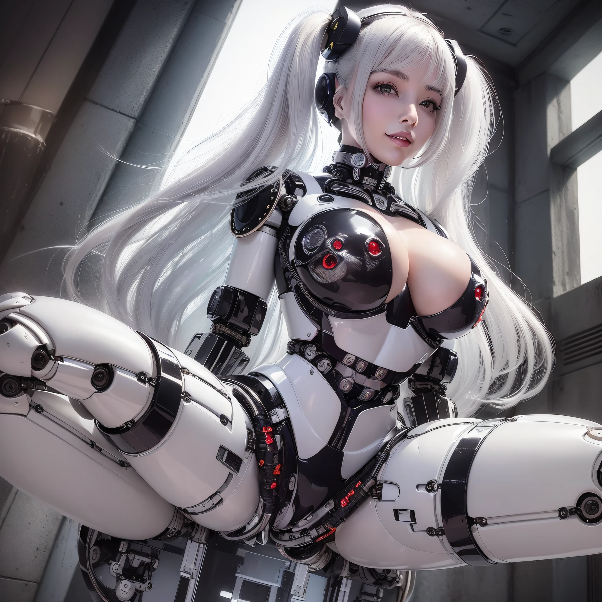 Beautiful Face,1 Woman, Curvaceous, Top Quality, Masterpiece, Ultra Detailed, ((((Bikini Cyborg Robot Parts)))), (Light Grey Hair), Long Hair, Wavy Hair, Twin Tails, Medium Shot, (((Seductive Smile)), (Black Eyes), Princess Cut, (Cowboy Shot),Squatting,Spread Your Legs,HR Giger,