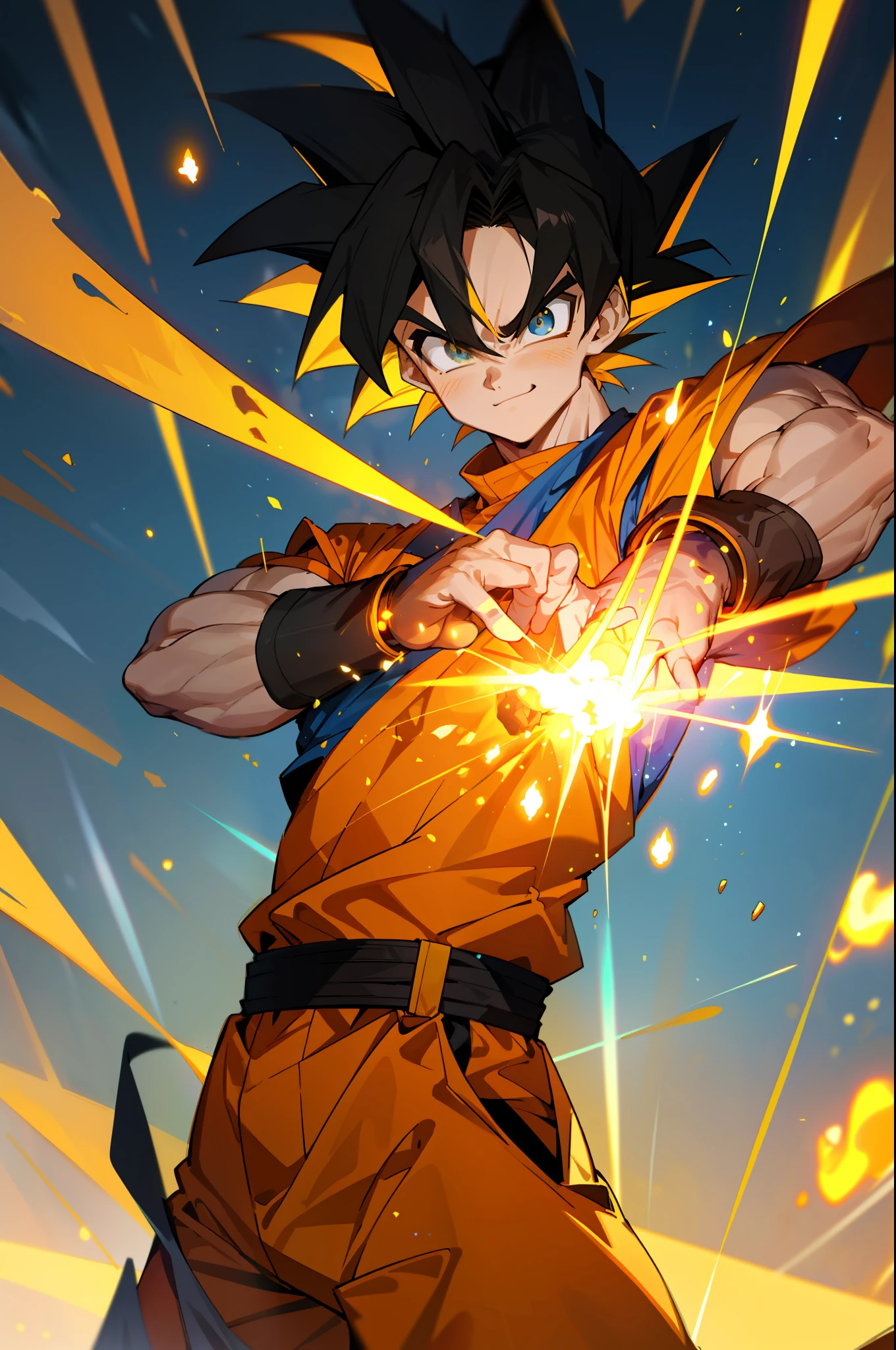 masterpiece, best quality, 1boy, goku, super saiyan goku, ssj goku,training, smiling, angry face, looking to viewer, standing, blonde hair, orange upper, mechanical arms, orange pants, body suit, science fiction, blue belt, blue bangles, dark blue boots,
, (aura power:1.4), boots, night, natural light,standing, yellow rays, angry eyes, blue eyes, smiling, black hair, male focus, strong muscles, movie composition, deth of field, bokeh, (yellow particles:1.4), floating particles,