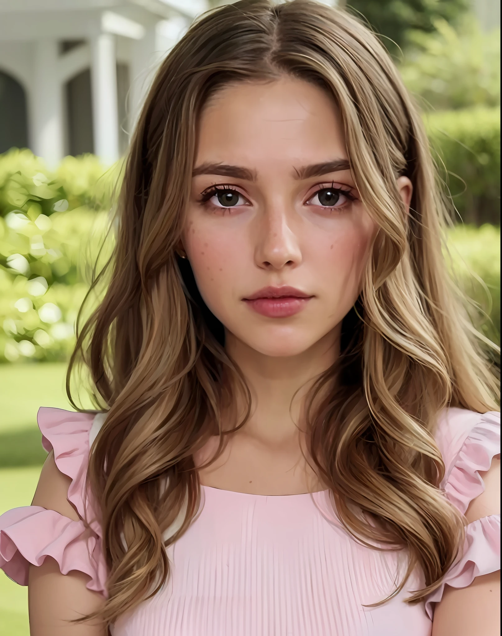 Portrait of a woman with wavy brown hair with blonde highlights, green eyes, pink top with puffed sleeves, in a garden