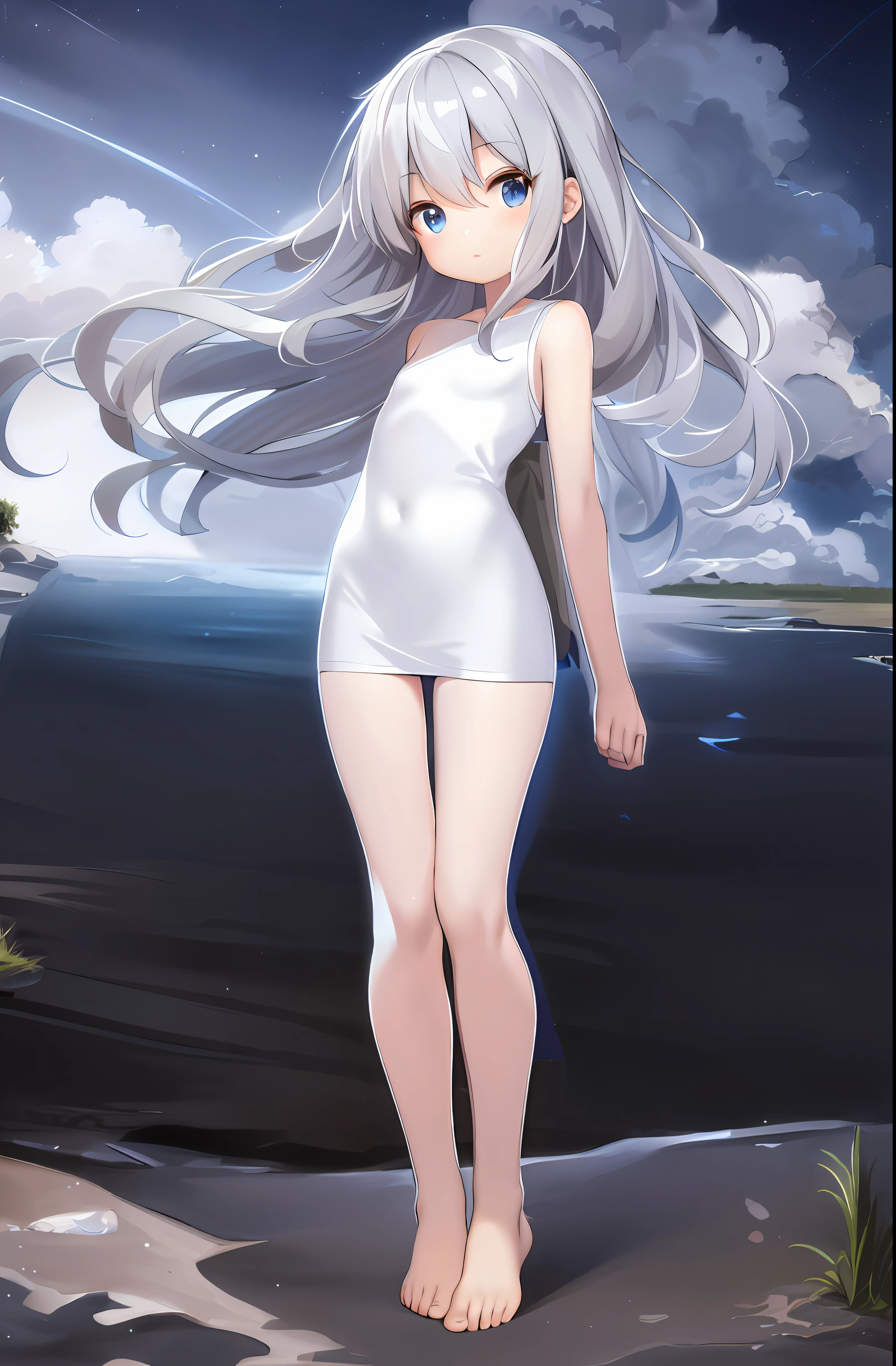 (Cute girl: 1.45), ultra-fine illustration, blue sky, shooting star, whole body, looking at the sky, silver hair, blue eyes, silver hair, blue eyes, brown blanket covering the whole nude body, barefoot, windy, summer, dry earth, gravel, wilderness, beautiful sky, thin outline, light reflection, brown cloth, anime girl posing with long gray hair and white dress, April rendering, anime full body illustration, female anime character, Azure Lane Style, pixiv 3DCG, Seductive Anime Girl, Official Art, Official Character Art, Small Curvy Loli, From Girls Frontline, Reincarnation Shitara Slime Dattaken, Official Artwork, Character of Azure Lane