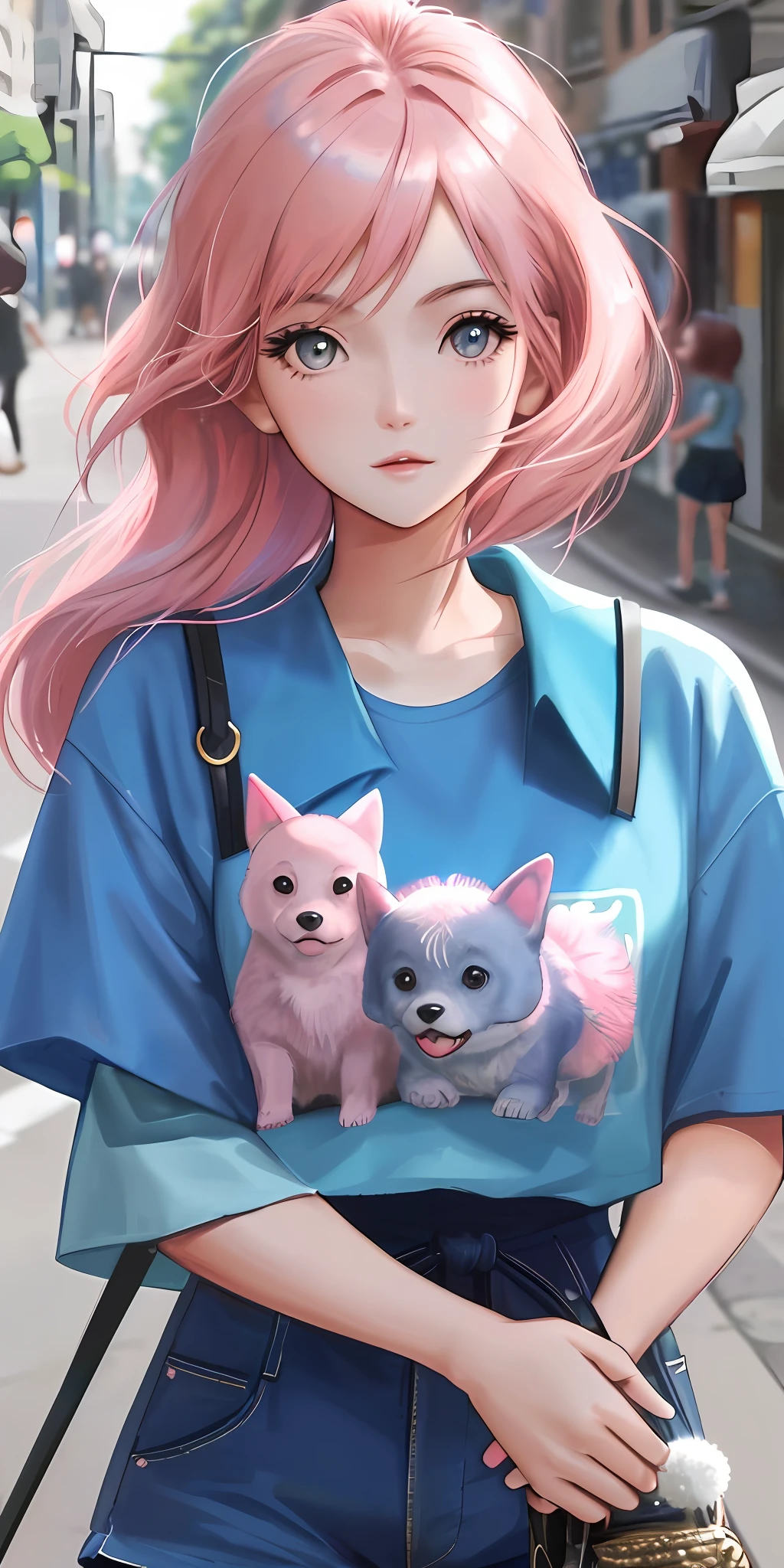 Close-up portrait, front natural lighting, upper body, facing viewer, beautiful woman (wearing blue, shorts), facing viewer, on the street, beautiful pink hair, Instagram photo, group of photographic dog cubs in the background