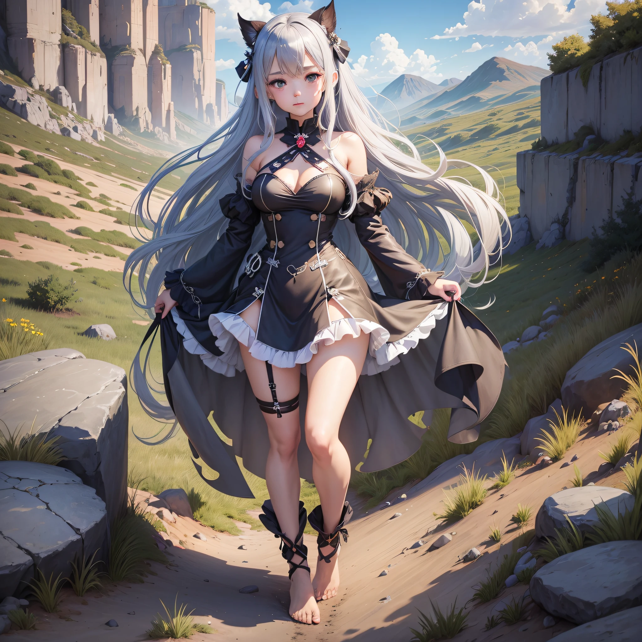 (Cute girl: 1.45), ultra-fine illustration, blue sky, shooting star, full body, looking at the sky, silver hair, blue eyes, brown blanket covering the whole naked body, barefoot, windy, summer, dry earth, gravel, wilderness, beautiful sky, thin outline, reflection of light, brown cloth, anime girl posing in a brown fur dress with long gray hair, April rendering, anime full body illustration, female anime character, Azure Lane Style, pixiv 3DCG, Seductive Anime Girl, Official Art, Official Character Art, Small Curvy , From Girls Frontline, Reincarnation Shitara Slime Dattaken, Official Artwork, Character of Azure Lane --auto --s2