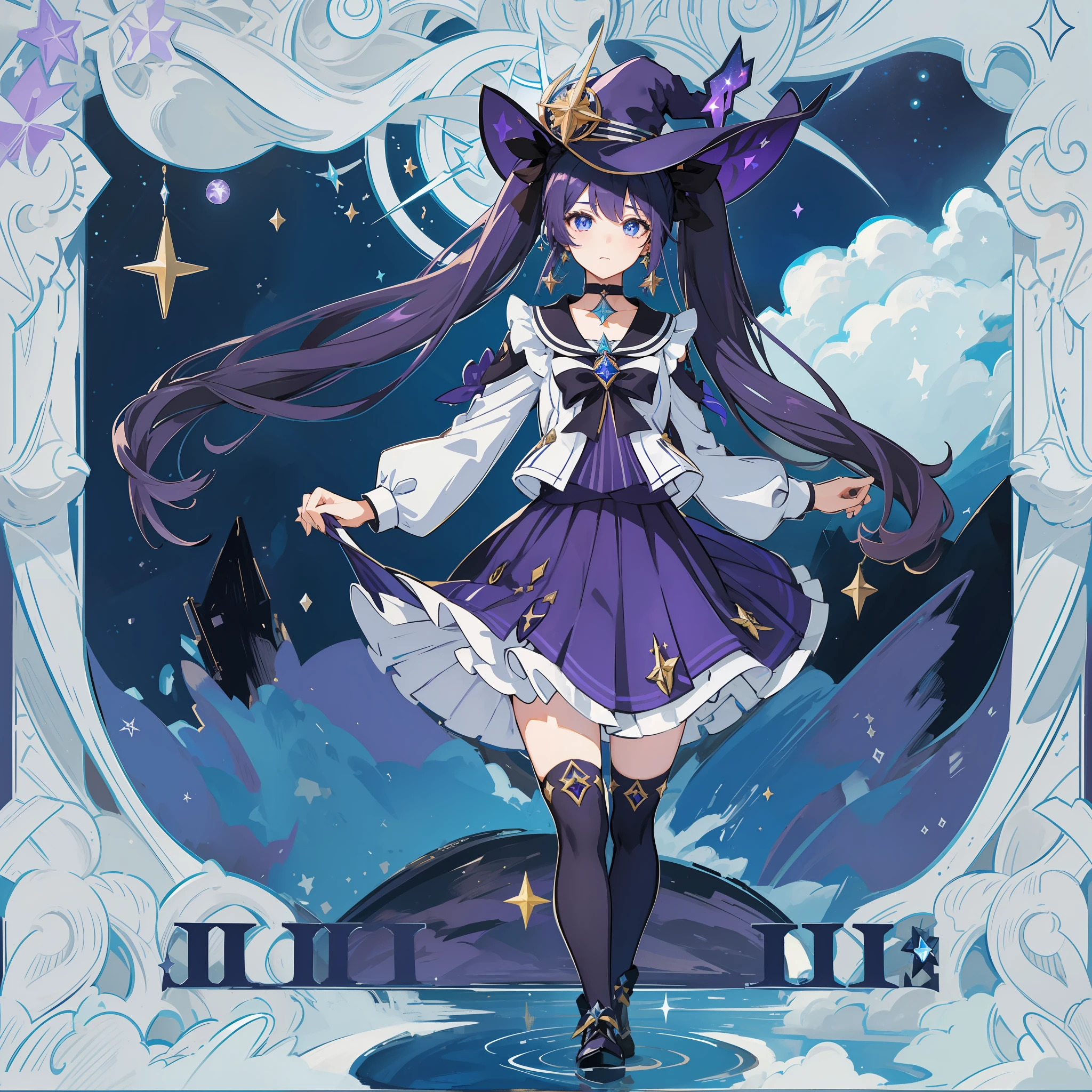 1girl, solo, 1girl, Mona \(Genshin Impact\), maid, choker, hair between eyes, star \(symbol\), hat, long hair, skirt, dark purple hair, looking at the viewer, twintails, blue eyes, shining eyes, earrings, jewelry, purple skirt, black stockings, white shirt, witch, bangs, black shoes, landscape, night sky, star \(sky\), starry sky, night, outdoor, clouds, reflection, water, magic, tarot