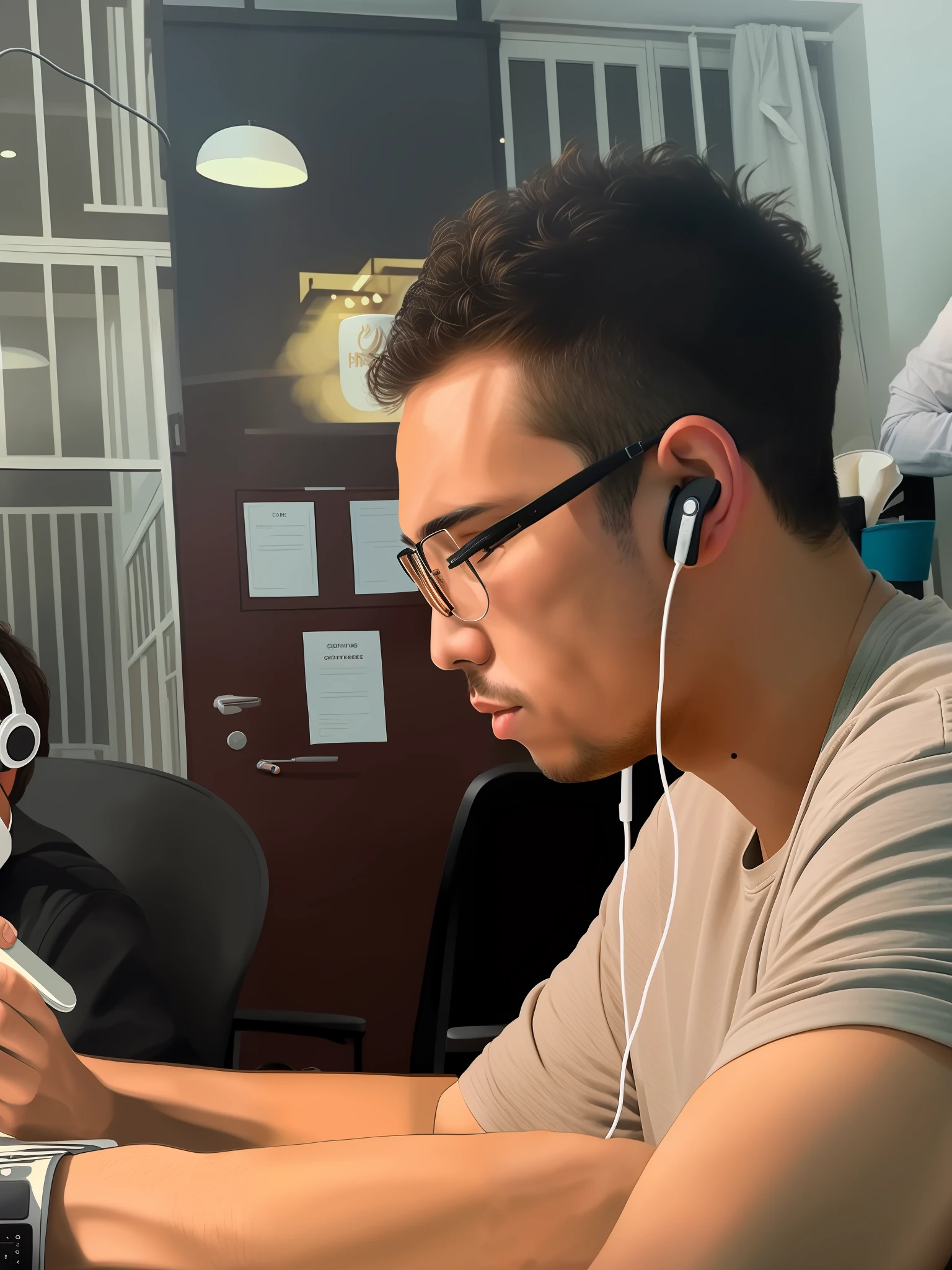 There was a man sitting at a table, holding a cell phone and a cup of coffee, wearing headphones