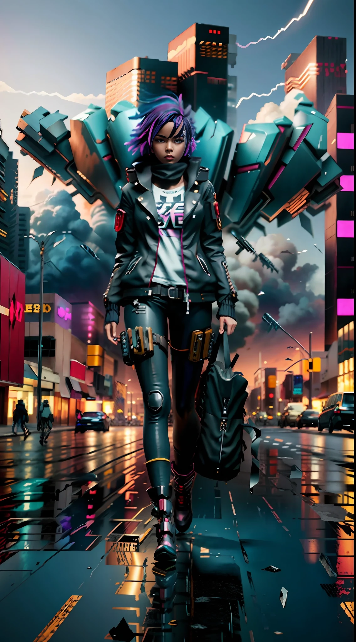 anime girl with a gun in hand and a city in the background, cyberpunk aesthetic, mecha anime aesthetic, cyberpunk vibes, cyberpunk anime art, 8 0 s anime vibe, cyberpunk anime art, 9 0 s anime aesthetic, cyberpunk art style, modern cyberpunk anime, cyberpunk aesthetic, anime vibes, cyberpunk grunge, anime aesthetic, cyberpunk anime girl, muted cyberpunk style,rendered in Unreal Engine, peeling sky, broken winds,sky between cracks, realistic material details, extreme details, hyper-realistic materials, Unreal Engine rendering concept art, broken sky, Unreal Engine art, dramatic lighting. Concept art, rendered in Unreal 5, ((Unreal Engine)), Unreal Engine Art 5