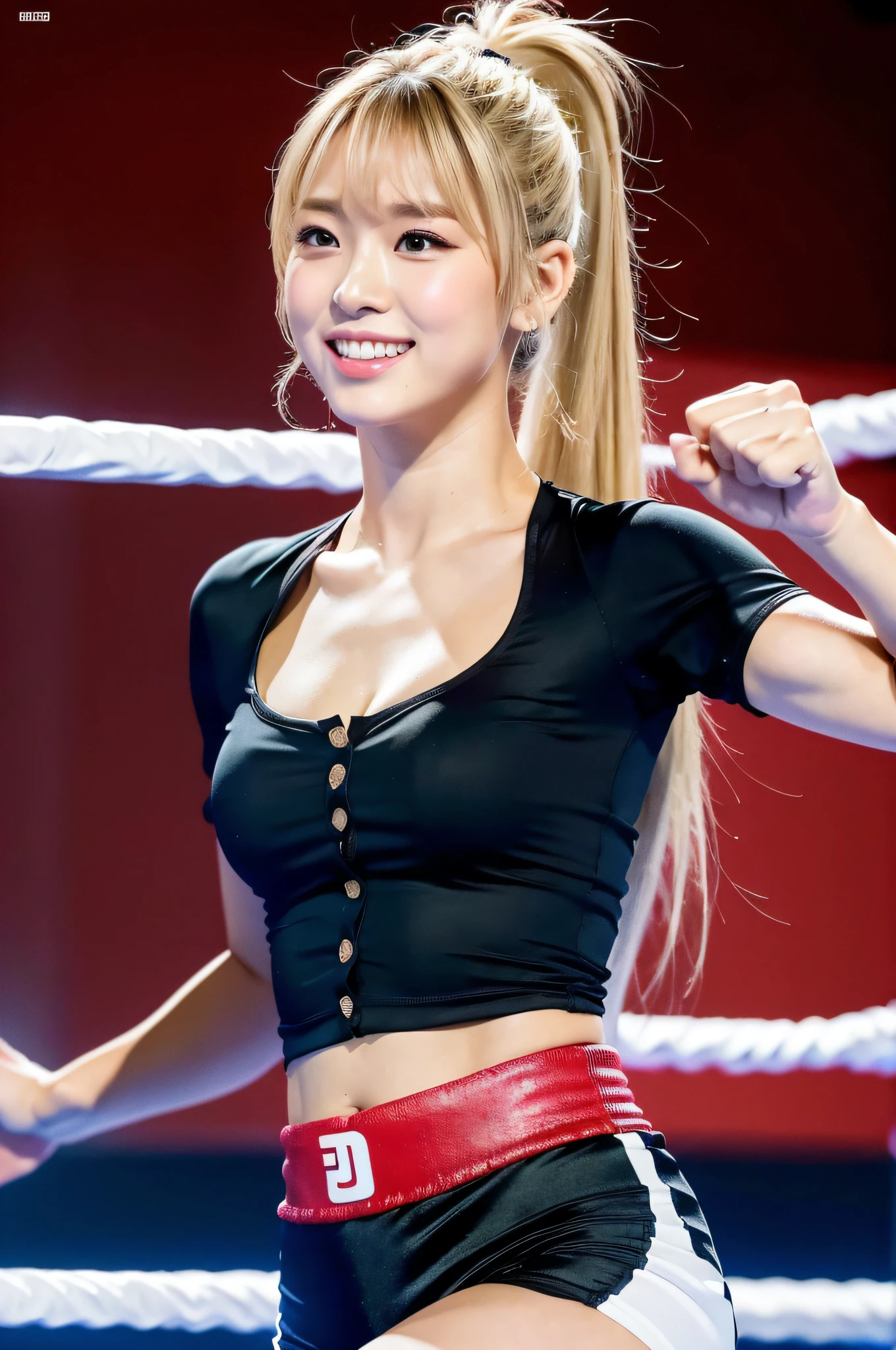 (8K, Ultra High Resolution, Best Picture Quality, Masterpiece: 1.1), (Realistic, Photorealistic: 1.1), Super Detail, Bloom, Bokeh, Film Lighting, Light Glow, 1 Girl, Japan Girl, (Athlete: 1.1), Beautiful Detail Eyes, Beautiful Detail Teeth, Smile, (Full Body: 1.1), Slim, Flat Chest, Blonde Ponytail Hairstyle, Bangs, Square Face, Upturned eyes, button nose, shallow man, belly plump lips, boxing, red boxing costume, mixed martial arts