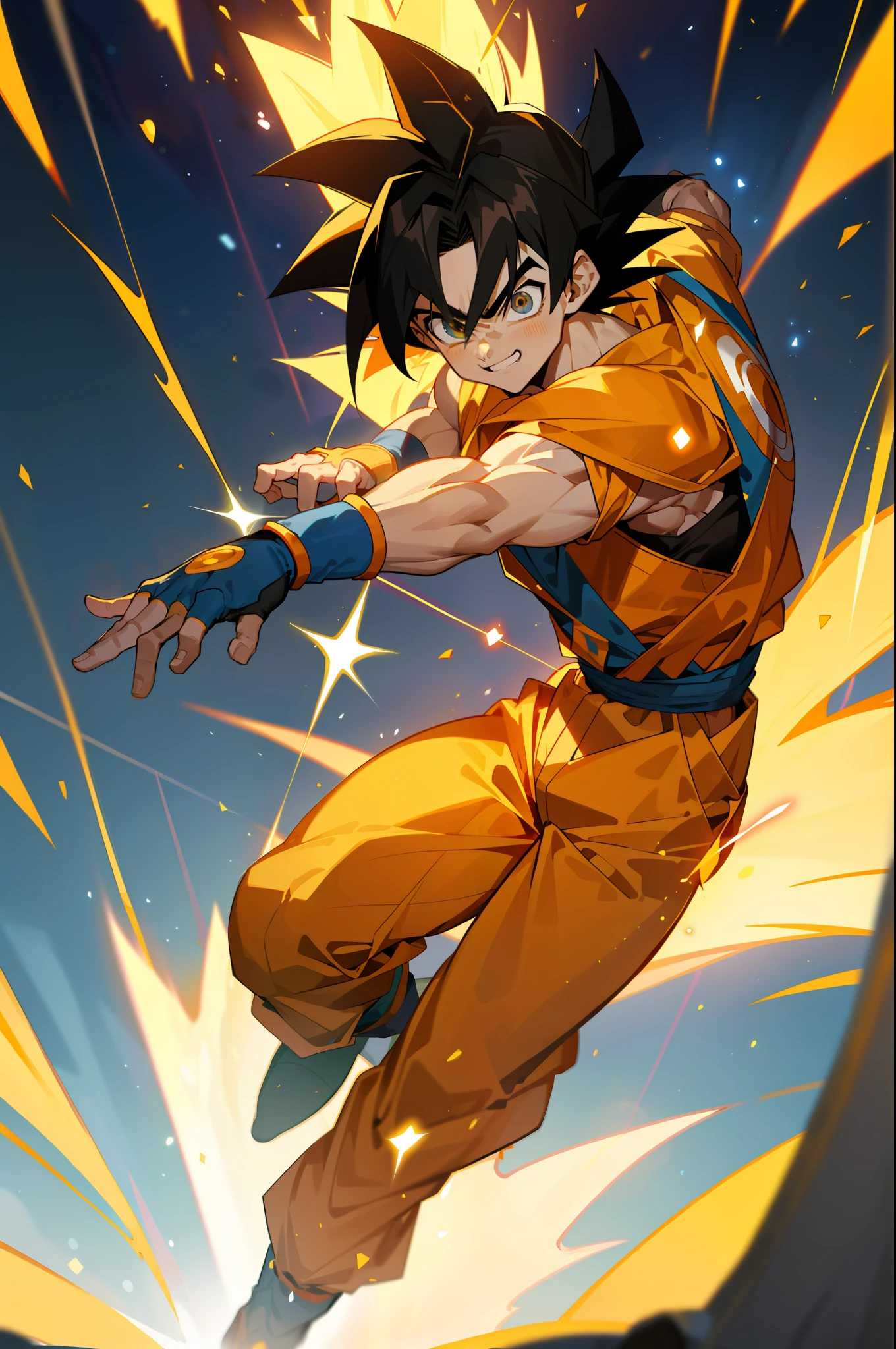 masterpiece, best quality, 1boy, goku, super saiyan goku, ssj goku,training, smiling, angry face, looking to viewer, standing, blonde hair, orange upper, mechanical arms, orange pants, body suit, science fiction, blue belt, blue bangles, dark blue boots,
, (aura power:1.4), boots, night, natural light,standing, yellow rays, angry eyes, blue eyes, smiling, black hair, male focus, strong muscles, movie composition, deth of field, bokeh, (yellow particles:1.4), floating particles,