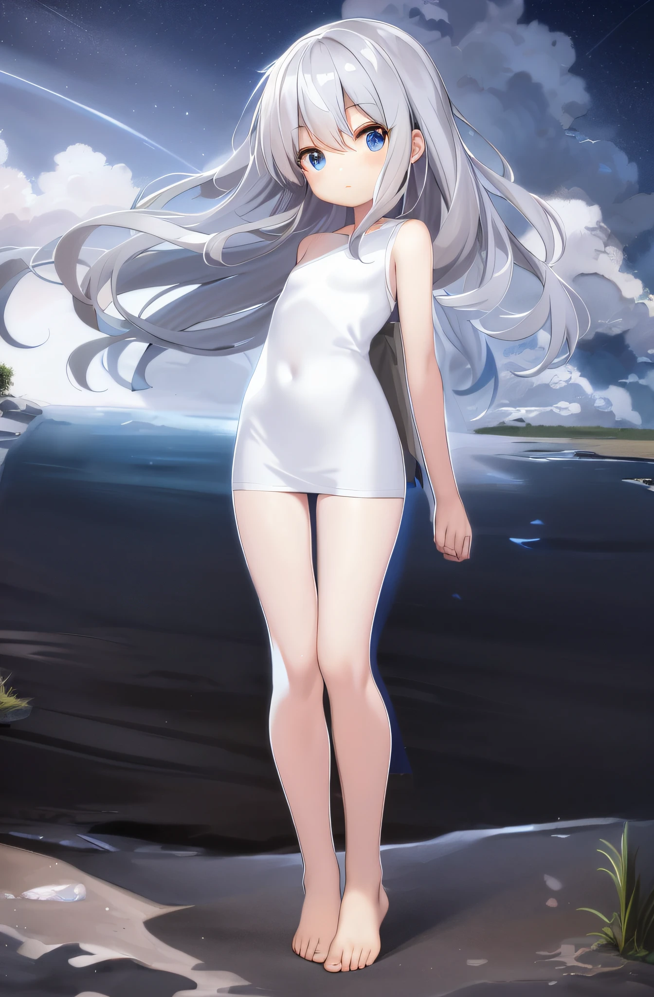 (Cute girl: 1.45), ultra-fine illustration, blue sky, shooting star, whole body, looking at the sky, silver hair, blue eyes, silver hair, blue eyes, brown blanket covering the whole nude body, barefoot, windy, summer, dry earth, gravel, wilderness, beautiful sky, thin outline, light reflection, brown cloth, anime girl posing with long gray hair and white dress, April rendering, anime full body illustration, female anime character, Azure Lane Style, pixiv 3DCG, Seductive Anime Girl, Official Art, Official Character Art, Small Curvy Loli, From Girls Frontline, Reincarnation Shitara Slime Dattaken, Official Artwork, Character of Azure Lane