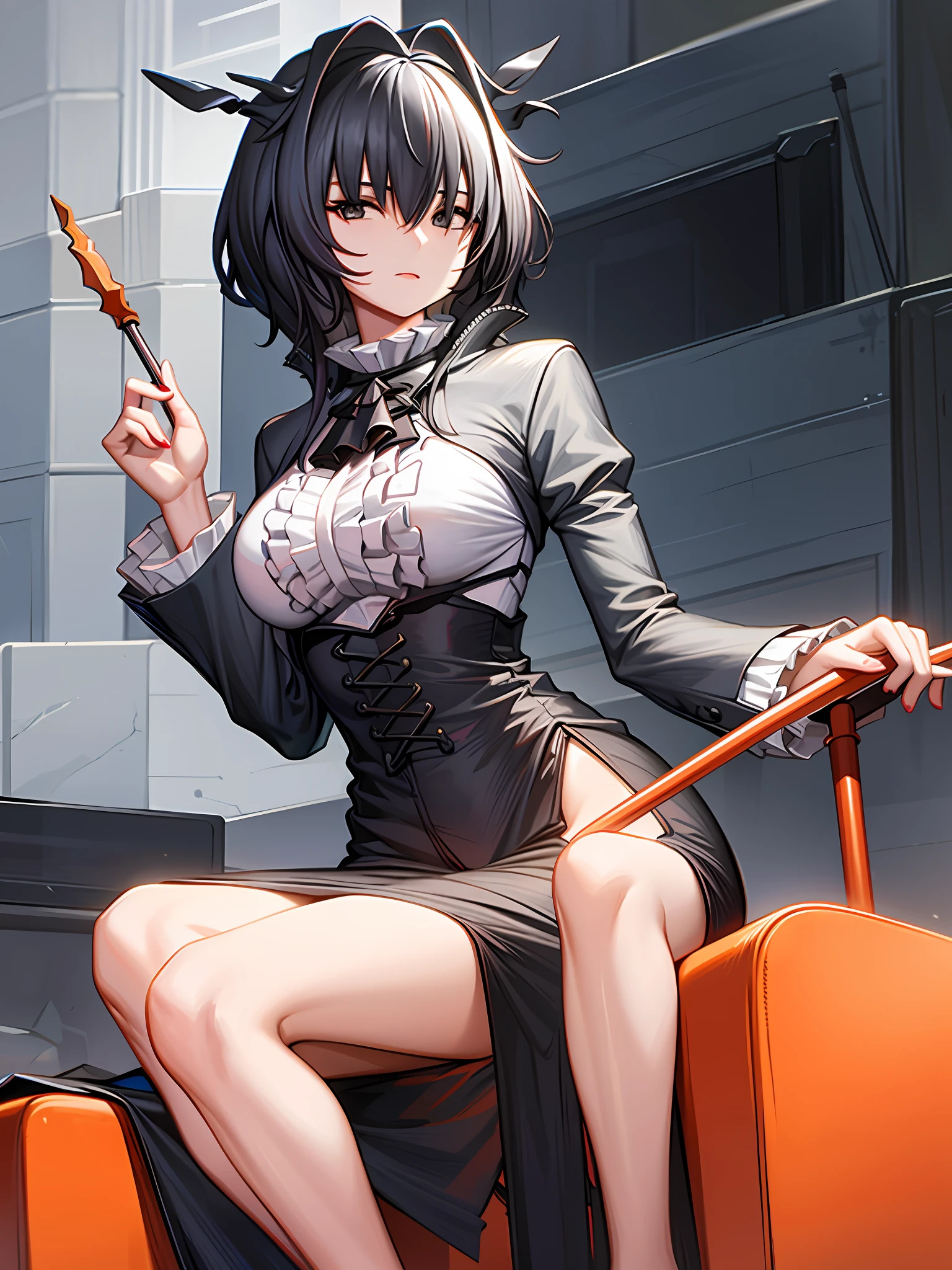 A woman without a top, swiping her phone, sitting on a red chair, without a top