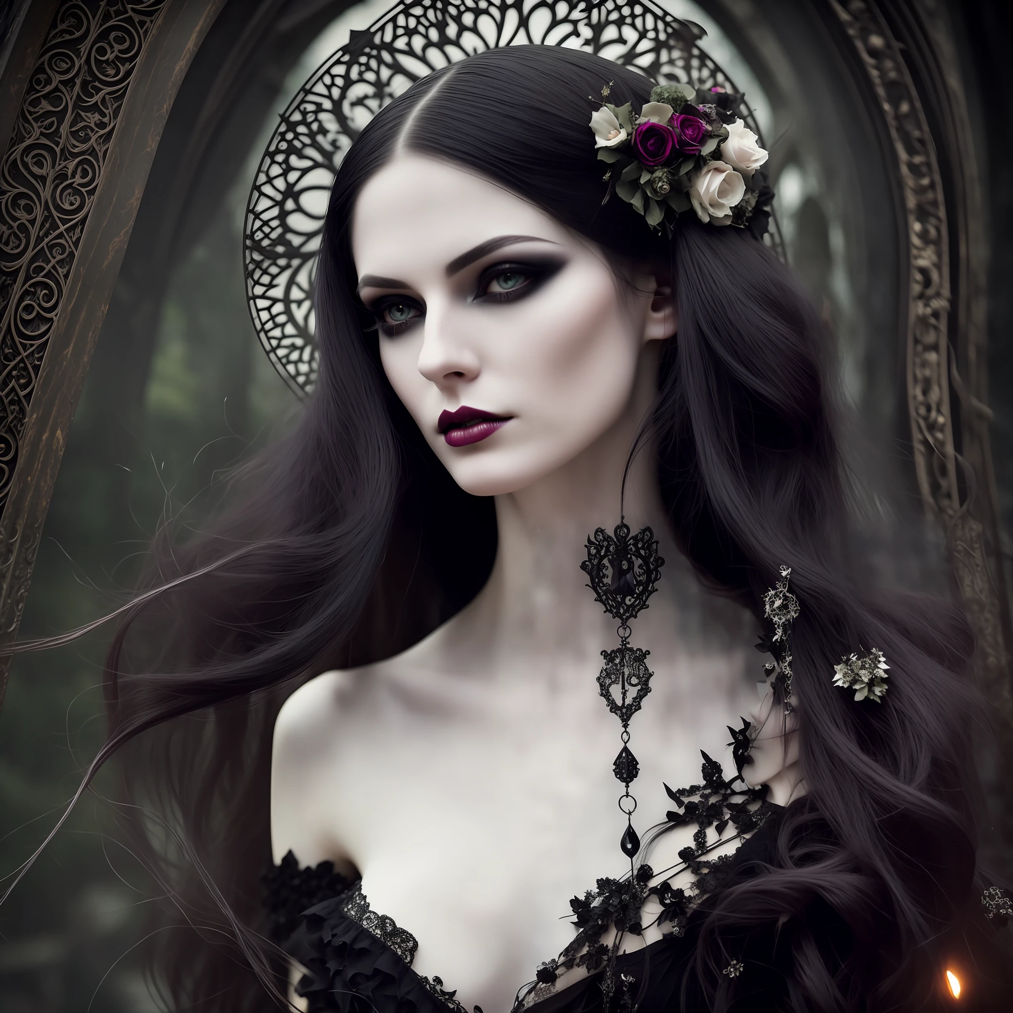 Photograph of a Gothic woman with pale skin, long and voluminous hair, sharp eyes, a thin and upturned nose, shapely lips, an hourglass body shape, dark clothes, gothic makeup, intricate maximalist-detailed, vibrant, epic, smooth, cinematic, 4K, backlit, creepy graveyard background, and a deep depth of field.