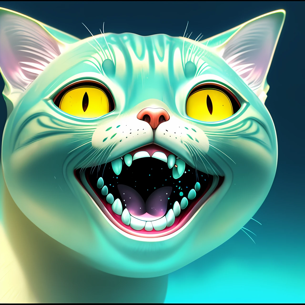 little cat swims underwater, big smile, happy, in the style of Otomo Katsuhiro, in a realistic hyper detailed render style, glow, yellow, blue, zbrush, hyper-realistic oil, head close-up, exaggerated perspective, Tyndall effect, water drops, mother-of-pearl iridescence, Holographic white, green background, realistic