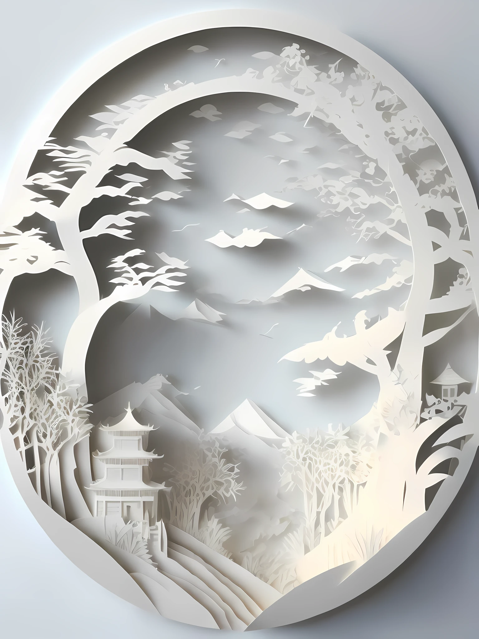 Chinese landscape illustration, three-dimensional paper cutting, paper sculpture, simple composition, white, 4K, 3D stereoscopic rendering, white background, canvas: center circle.