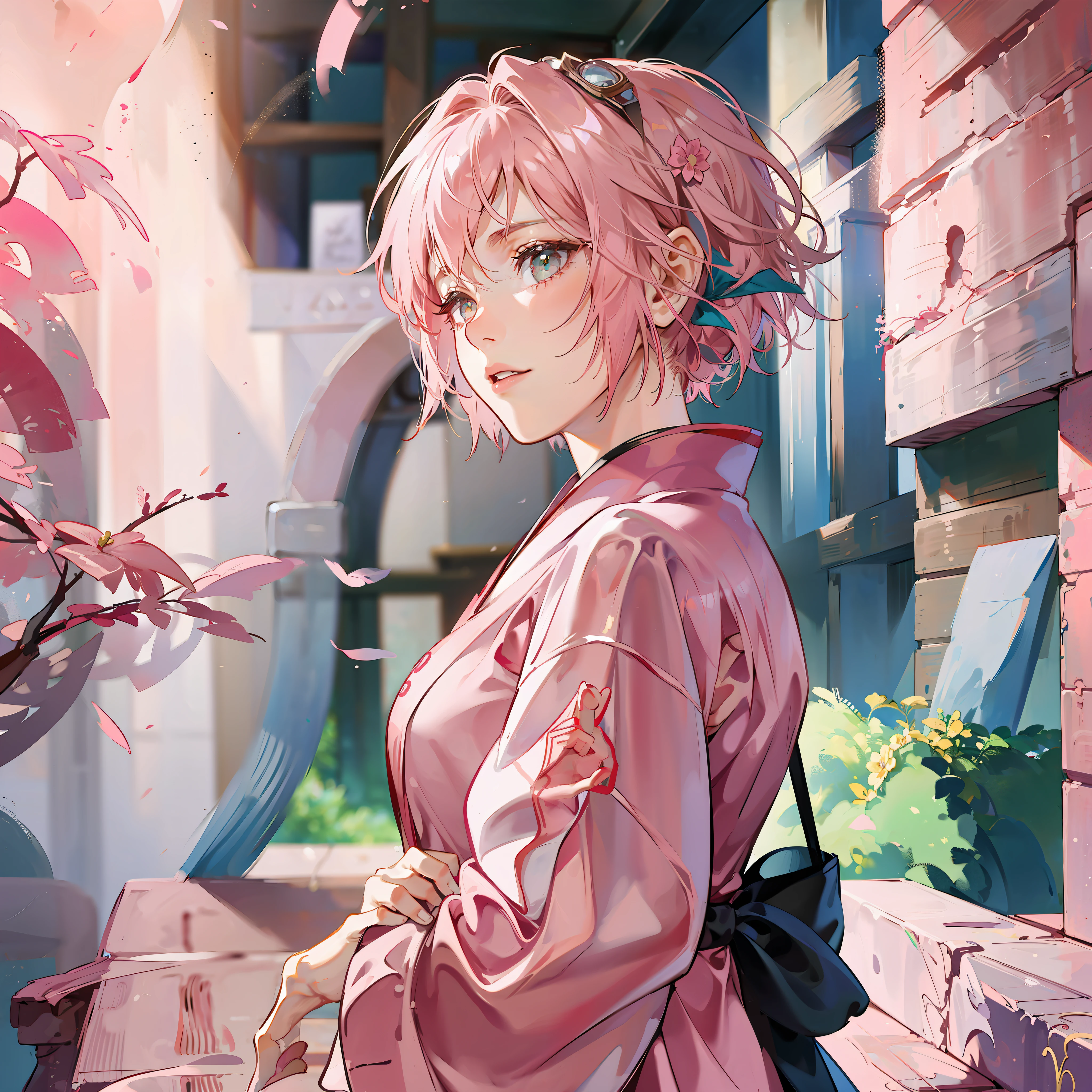 Female, short hair, pink Bob head, pink kimono, JK --auto --s2