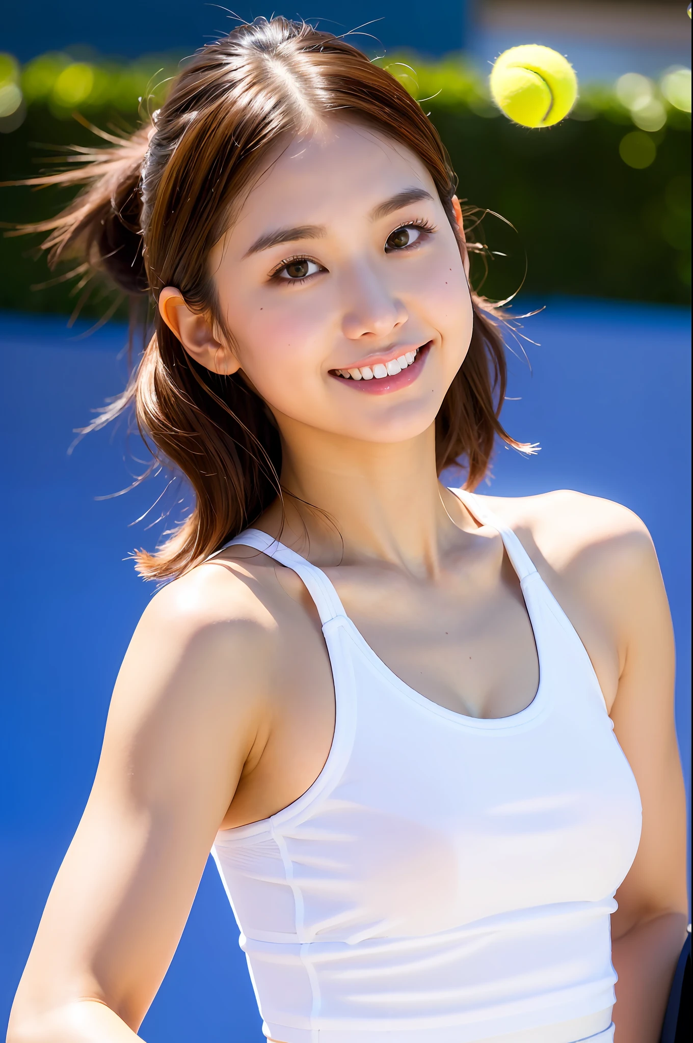(8k, ultra high res, best quality, masterpiece:1.1), (realistic, photo-realistic:1.1), ultra-detailed, bloom, bokeh, cinematic lighting, light glow, 1girl, japanese girl, (athlete:1.1), beautiful detailed eyes, beautiful detailed teeth, smile, (full body:1.1), slim, medium breasts, brown bob hairstyle, bangs, oval-shaped face, almond-shaped eyes, straight nose, shallow philtrum, peach thin lips, tennis, white tennis outfit, tennis court