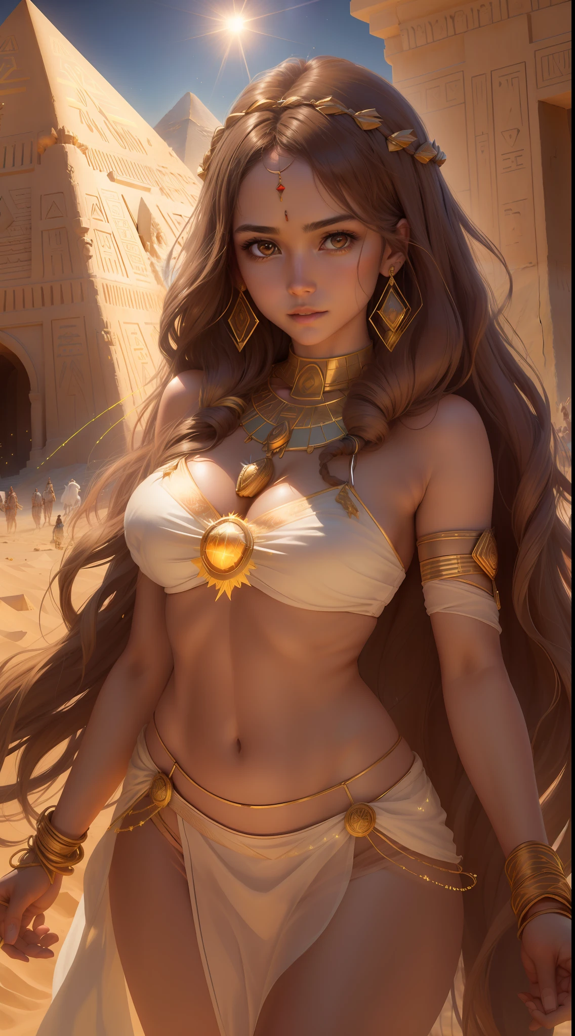 Beautiful woman with a perfect face, perfect body figures, realistic facial expression, long brown wavy messy hair, light brown eyes, fair skin, wearing a brown tunic with intricate decorations, mummy, warp with bandage, confident expression (dynamic Angle, dazzling brown eyes, delicate necklace), (sun radiation, old pyramid background, sand sparklings, glowing particles, dusty and desert, faint darkness), high saturation, movie light, edge light, best shadow, best lighting