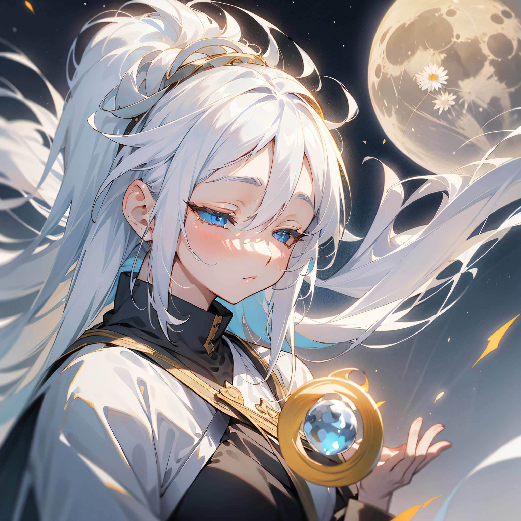 Anime girl with white hair and blue eyes and yellow moon, white hair deity, white hair translucent, white hair floating in the air, popular on cgstation, flowing white hair, long white hair, closed eyes, closed moon shame flower, no characters, eyelashes have highlights, eyes closed