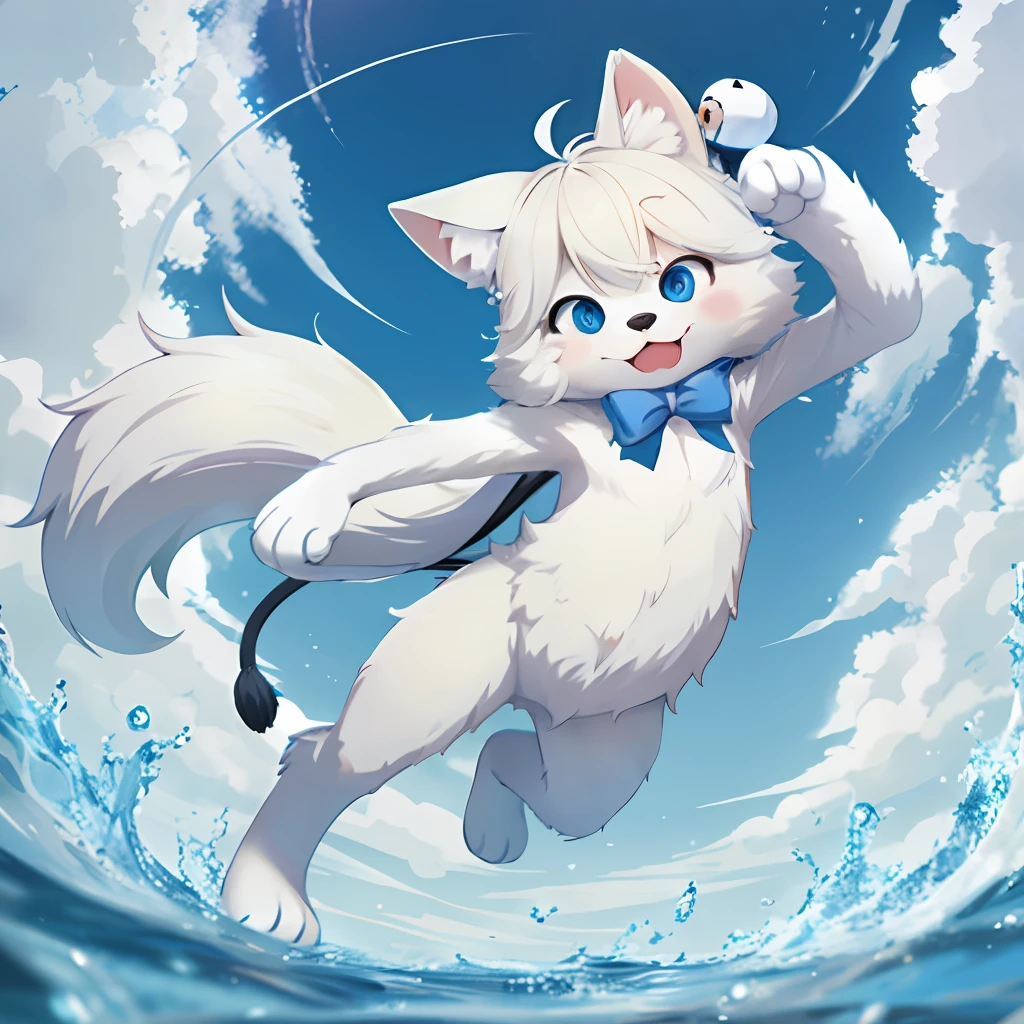 super fine illustration(森の中の湖で水遊びをしている、遠くを見ている)depth of field(highly detailed beautiful face and eyes)absurdres perfect anatomy(angelic cute 1boy solo focus)(furry anthro:1.2)(fur covered body animal facial features animal body features)(animal muzzle highly detailed fur)(chibi:0.7)full body open mouth(dynamic pose),