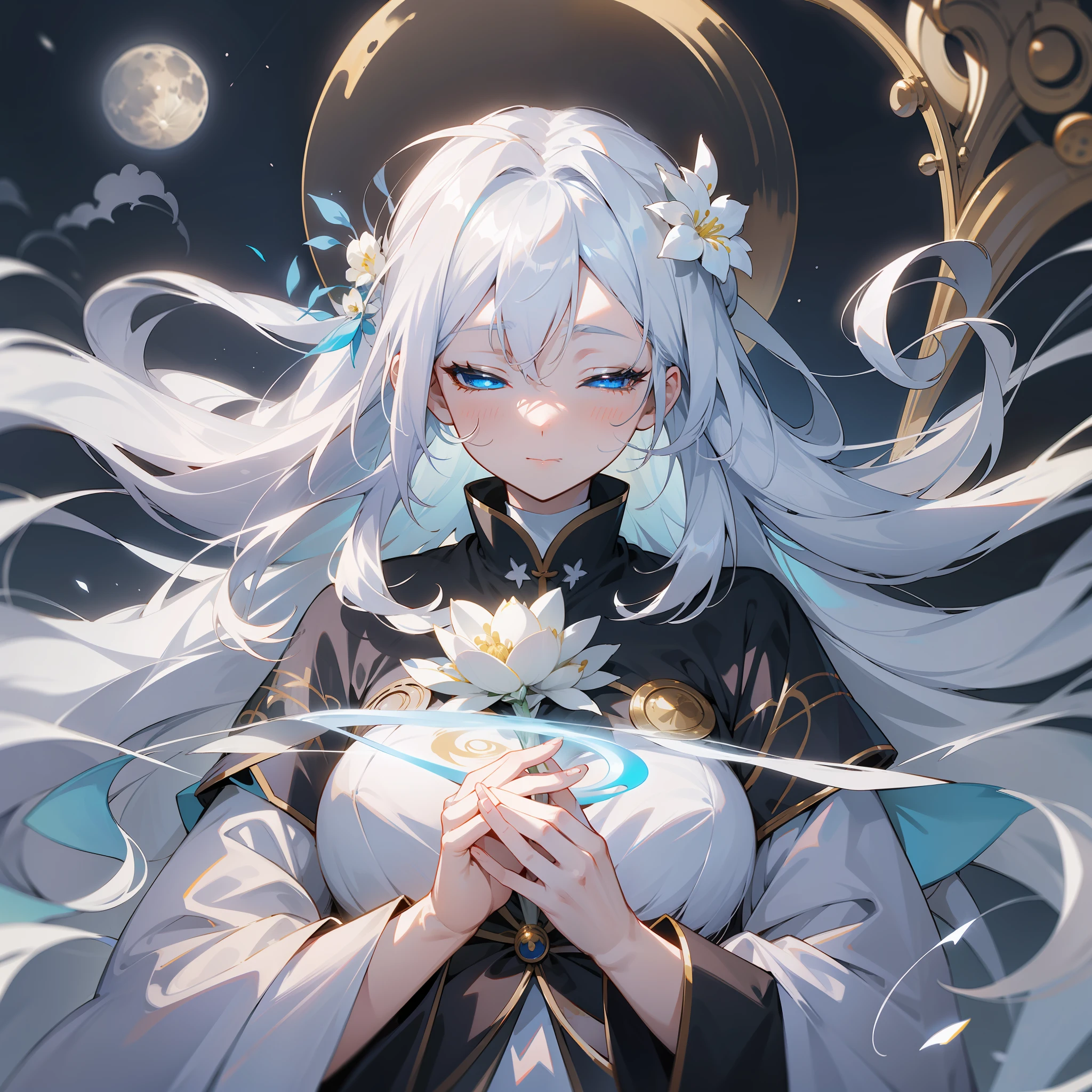 Anime girl with white hair and blue eyes and yellow moon, white hair deity, white hair translucent, white hair floating in the air, popular on cgstation, flowing white hair, long white hair, closed eyes, closed moon shame flower, no characters, eyelashes have highlights, eyes closed