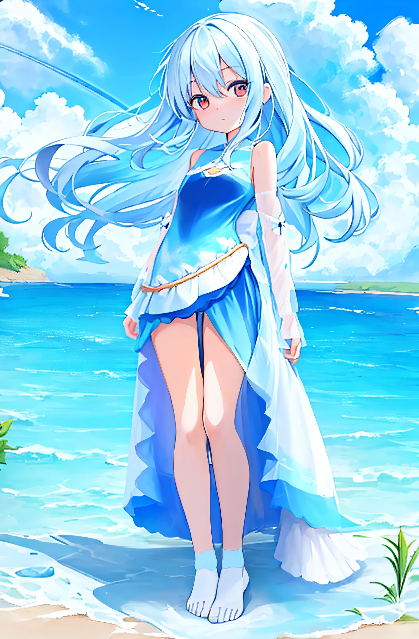 anime girl with long white hair walking on beach with blue sky,  in dress, full body portrait of a short!, cute anime waifu in a nice dress, made with anime painter studio, full body:: sunny weather::, anime full body illustration, !!full body portrait!!, painted in anime painter studio, fullbody portrait, full body picture, distant full body view