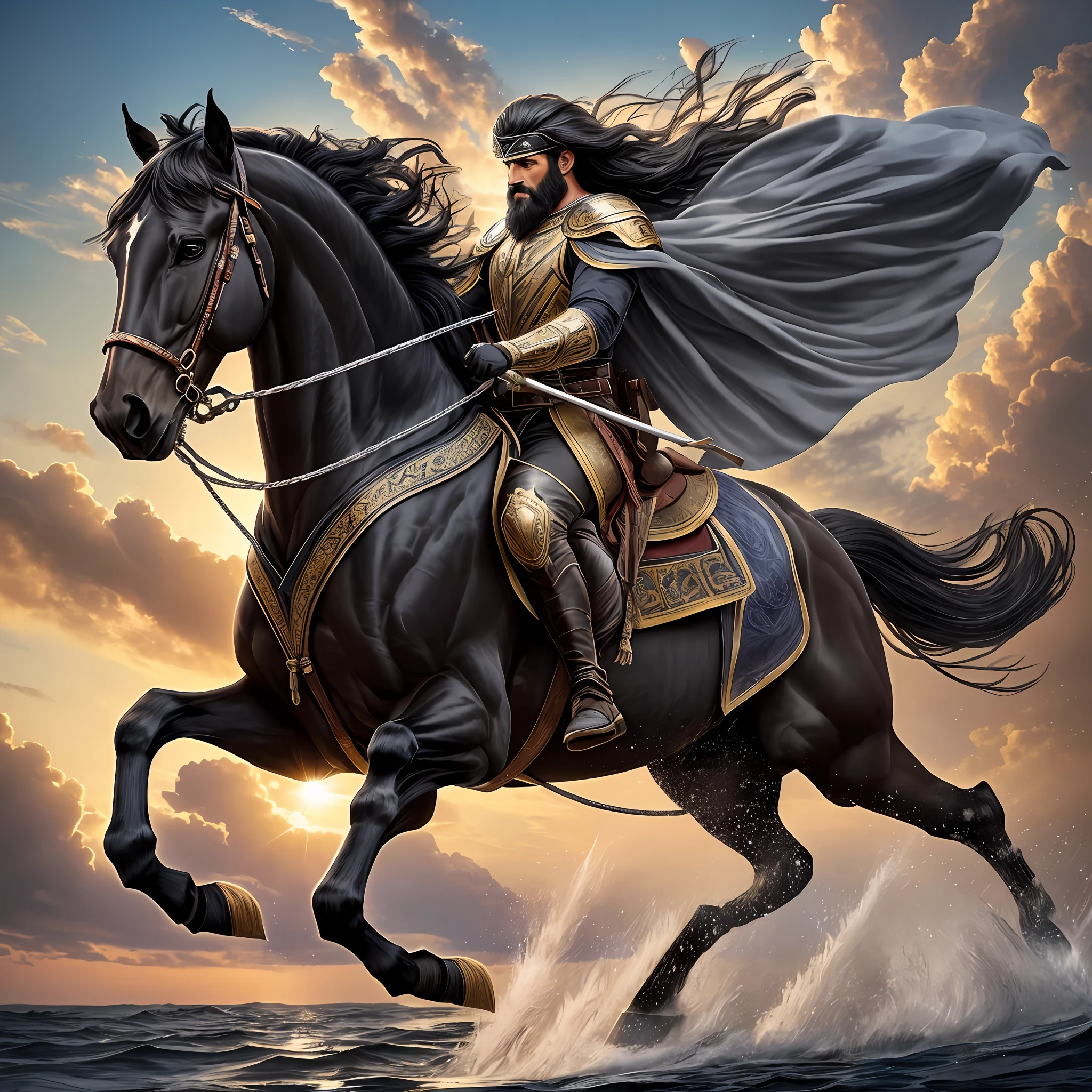 A majestic black horse, with glowing eyes and fluttering manes, looms on the horizon. As he gets closer, you notice that he has gleaming white wings, as if they were made of diamonds. A bellicose man rides the horse, holding the reins tightly as his long hair and beard float in the wind. His shining armor reflects the sunlight as he brandishes a spear in his hand. The horse flies through the sky, leading its rider toward sunset, leaving a trail of dust and energy in its path. The image is strong, powerful, manly and full of energy --auto --s2