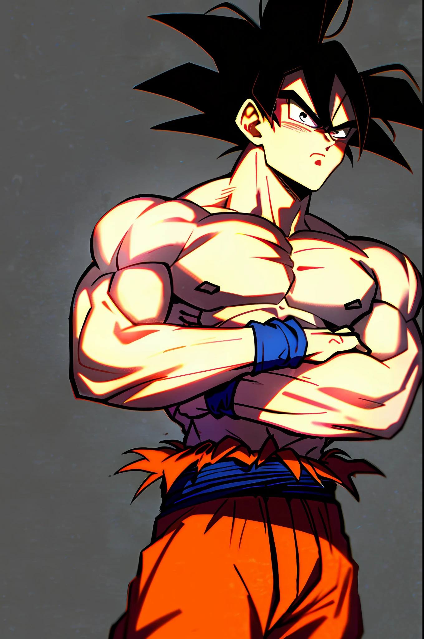 son goku, 1boy, closed mouth, male focus, muscular, muscular male, rock, sash, serious, solo, spiked hair, topless male, torn clothes, ultra instinct, black eyes, black hair, ((masterpiece))