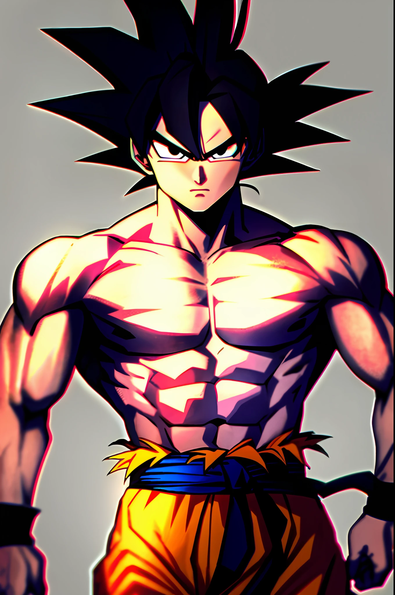 son goku, 1boy, closed mouth, male focus, muscular, muscular male, rock, sash, serious, solo, spiked hair, topless male, torn clothes, ultra instinct, black eyes, black hair, ((masterpiece))