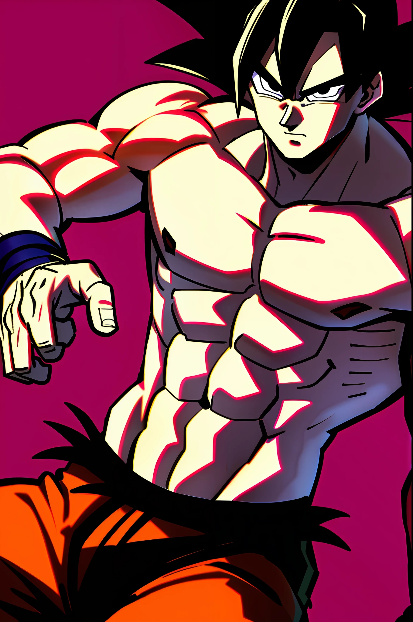 son goku, 1boy, closed mouth, male focus, muscular, muscular male, rock, sash, serious, solo, spiked hair, topless male, torn clothes, ultra instinct, black eyes, black hair, ((masterpiece))