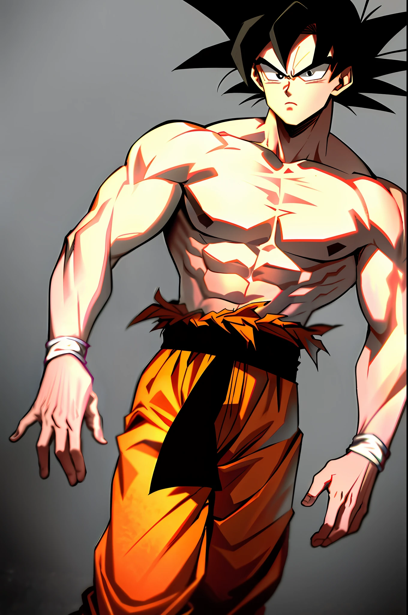 son goku, 1boy, closed mouth, male focus, muscular, muscular male, rock, sash, serious, solo, spiked hair, topless male, torn clothes, ultra instinct, black eyes, black hair, ((masterpiece))