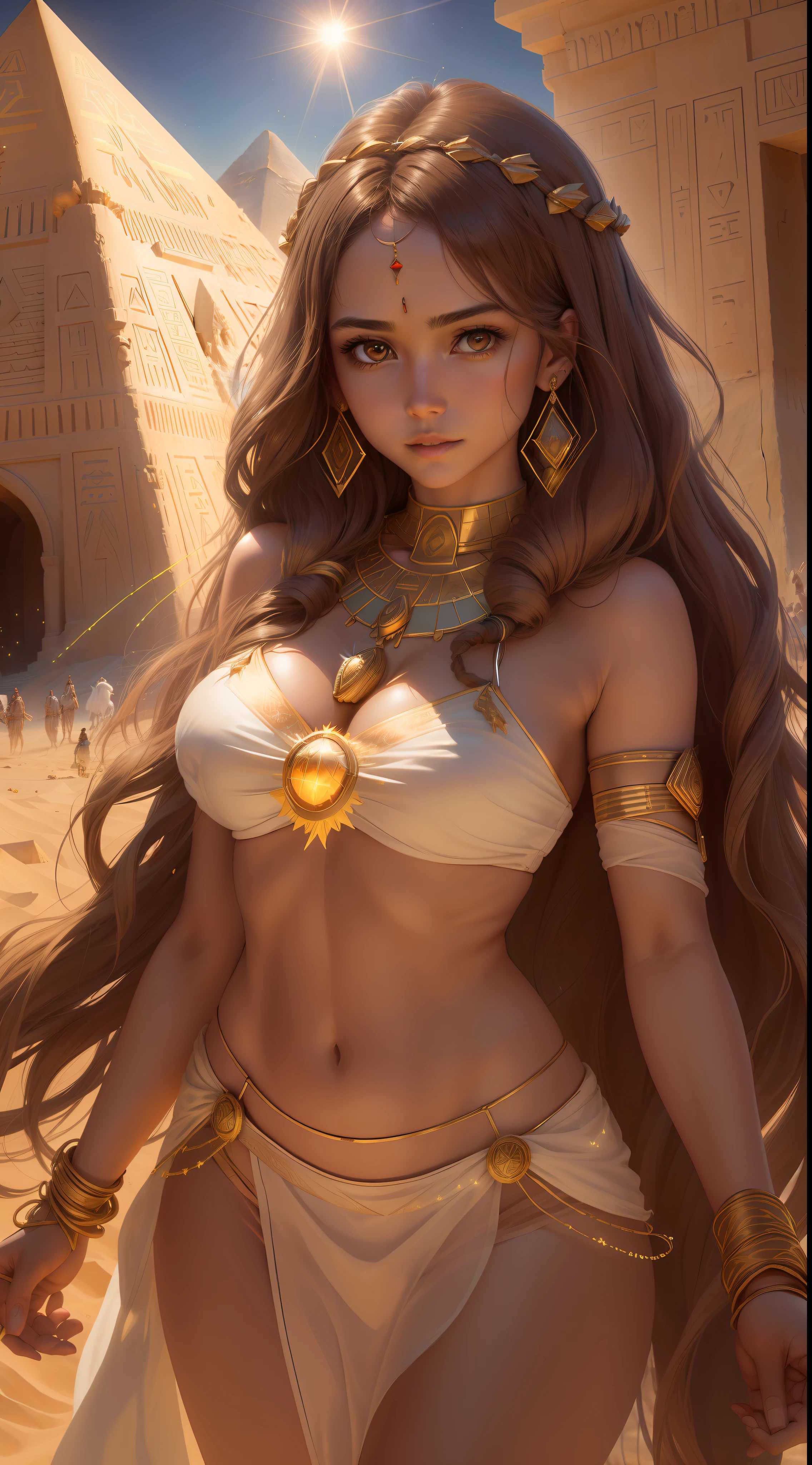 Beautiful woman with a perfect face, perfect body figures, realistic facial expression, long brown wavy messy hair, light brown eyes, fair skin, wearing a brown tunic with intricate decorations, mummy, warp with bandage, confident expression (dynamic Angle, dazzling brown eyes, delicate necklace), (sun radiation, old pyramid background, sand sparklings, glowing particles, dusty and desert, faint darkness), high saturation, movie light, edge light, best shadow, best lighting