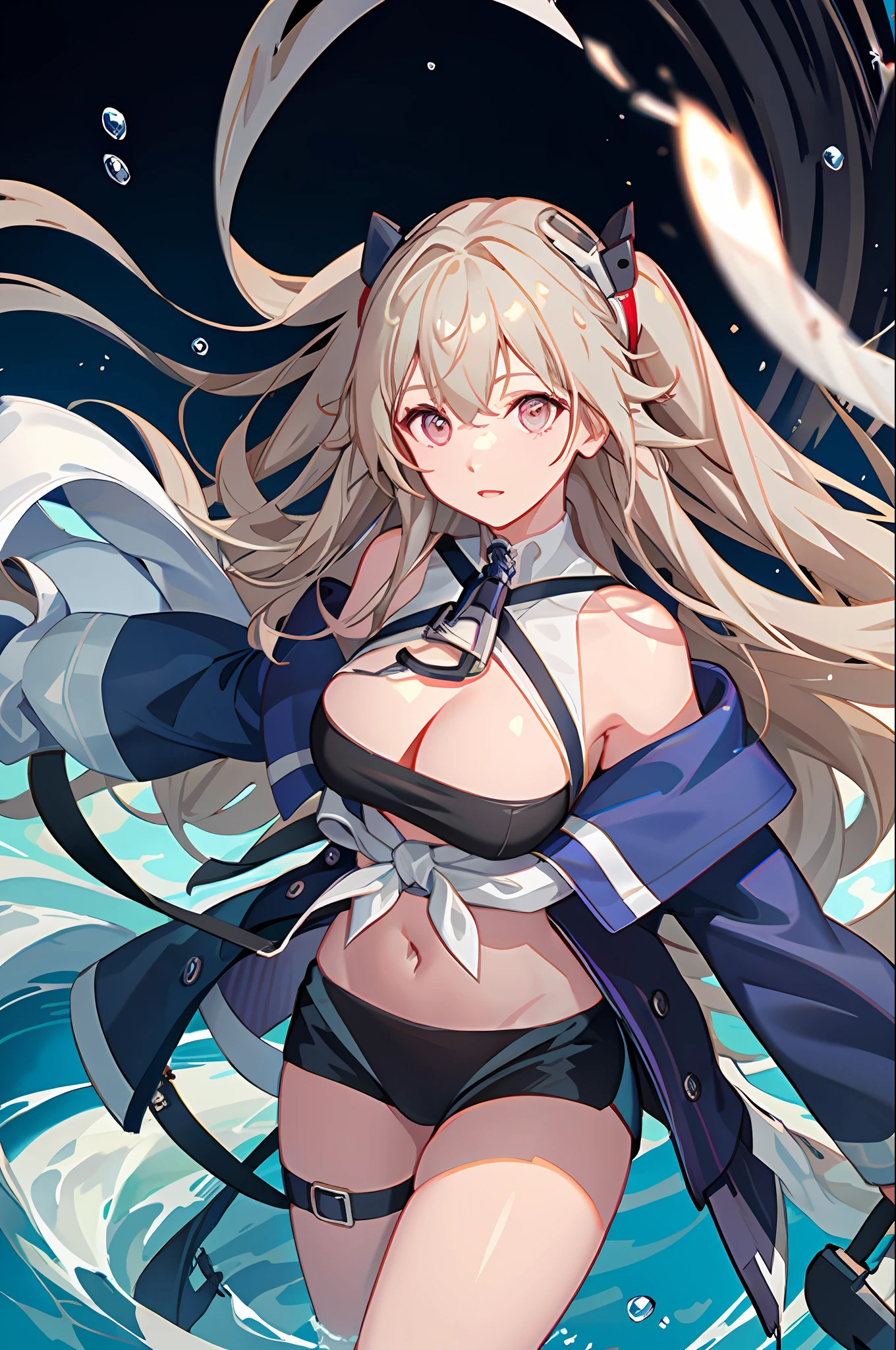 best quality masterpiece, AnchorageV4, 1girl, solo, looking at viewer, navel, cleavage, bare shoulders, shorts, coat, sleeves past wrists, thigh strap, black shorts, sleeves past fingers, open coat, blue coat, very long sleeves, water splash, colorful, RTX,