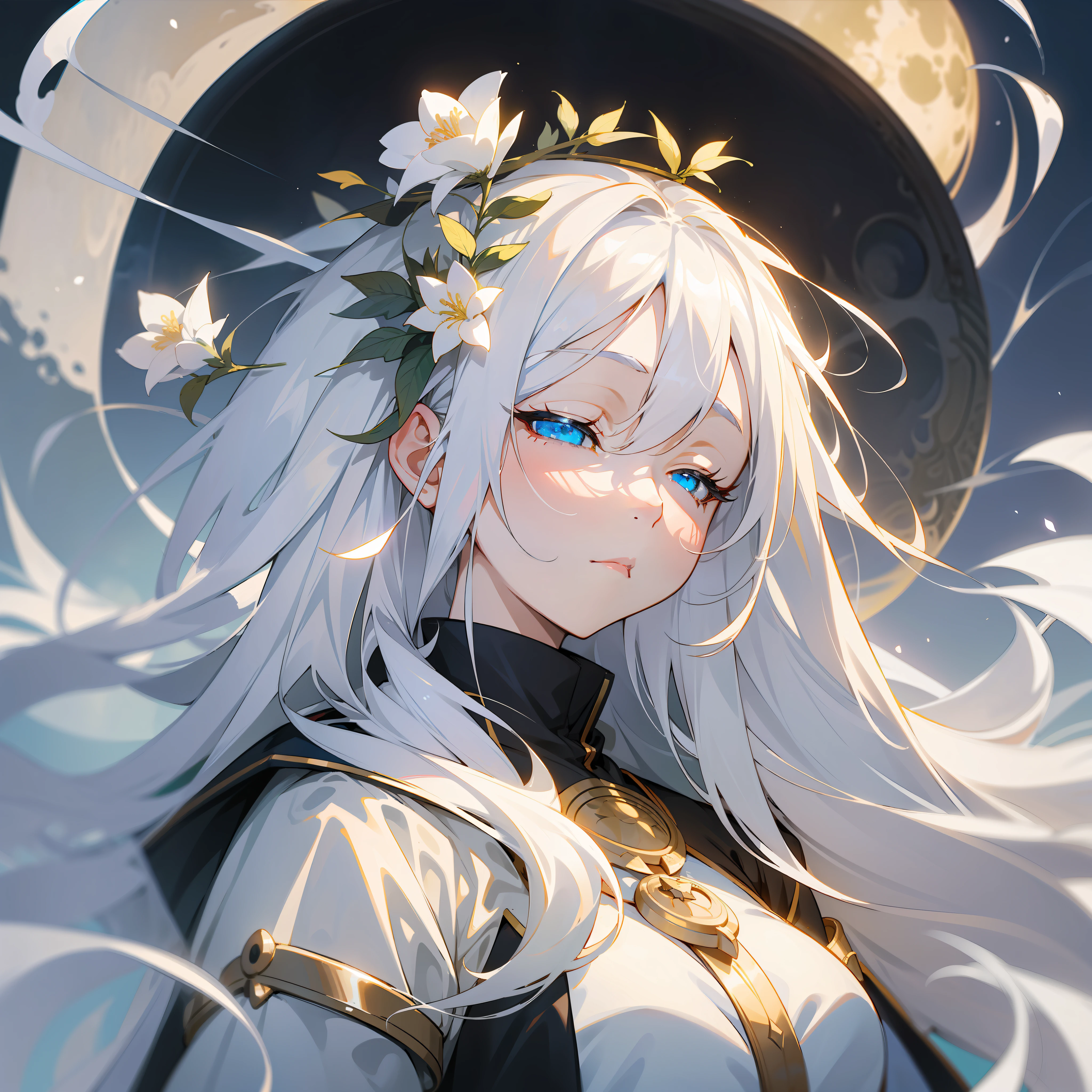 Anime girl with white hair and blue eyes and yellow moon, white hair deity, white hair translucent, white hair floating in the air, popular on cgstation, flowing white hair, long white hair, closed eyes, closed moon shame flower, no characters, eyelashes have highlights, eyes closed