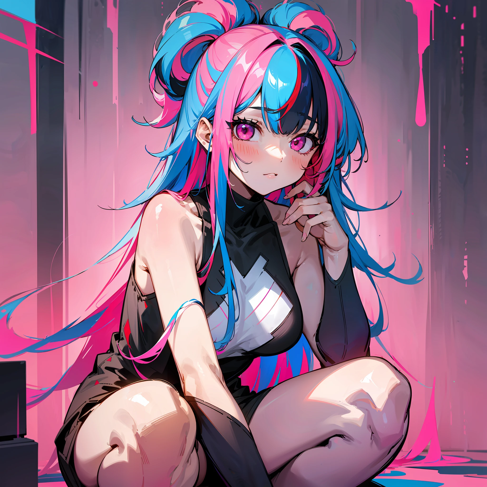 1girl, solo, long hair, multicolored hair, looking at viewer, bare shoulders, colorful, red eyes, blue hair, squatting, bangs, streaked hair, pink eyes, pink hair, colored skin --auto --s2